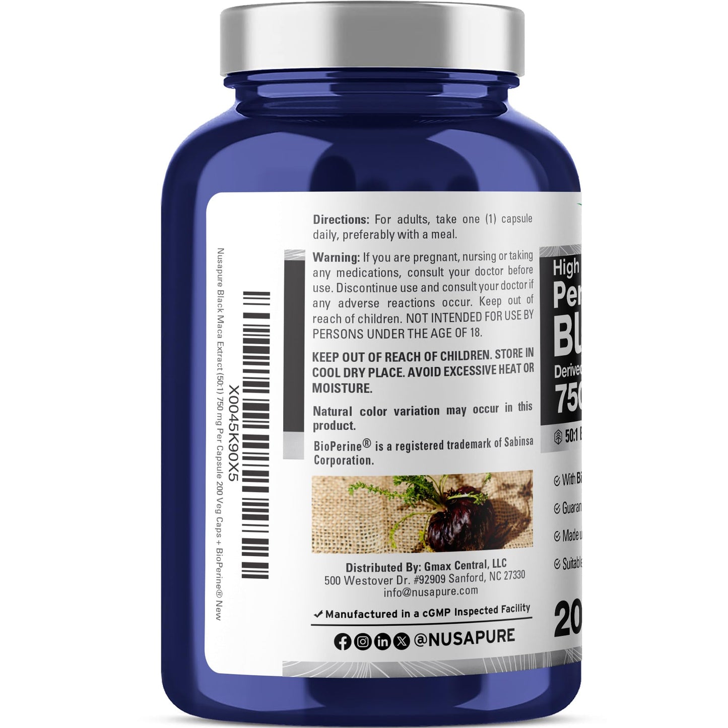 NusaPure Peruvian Black Maca Root 750 mg Capsule, 200 Count