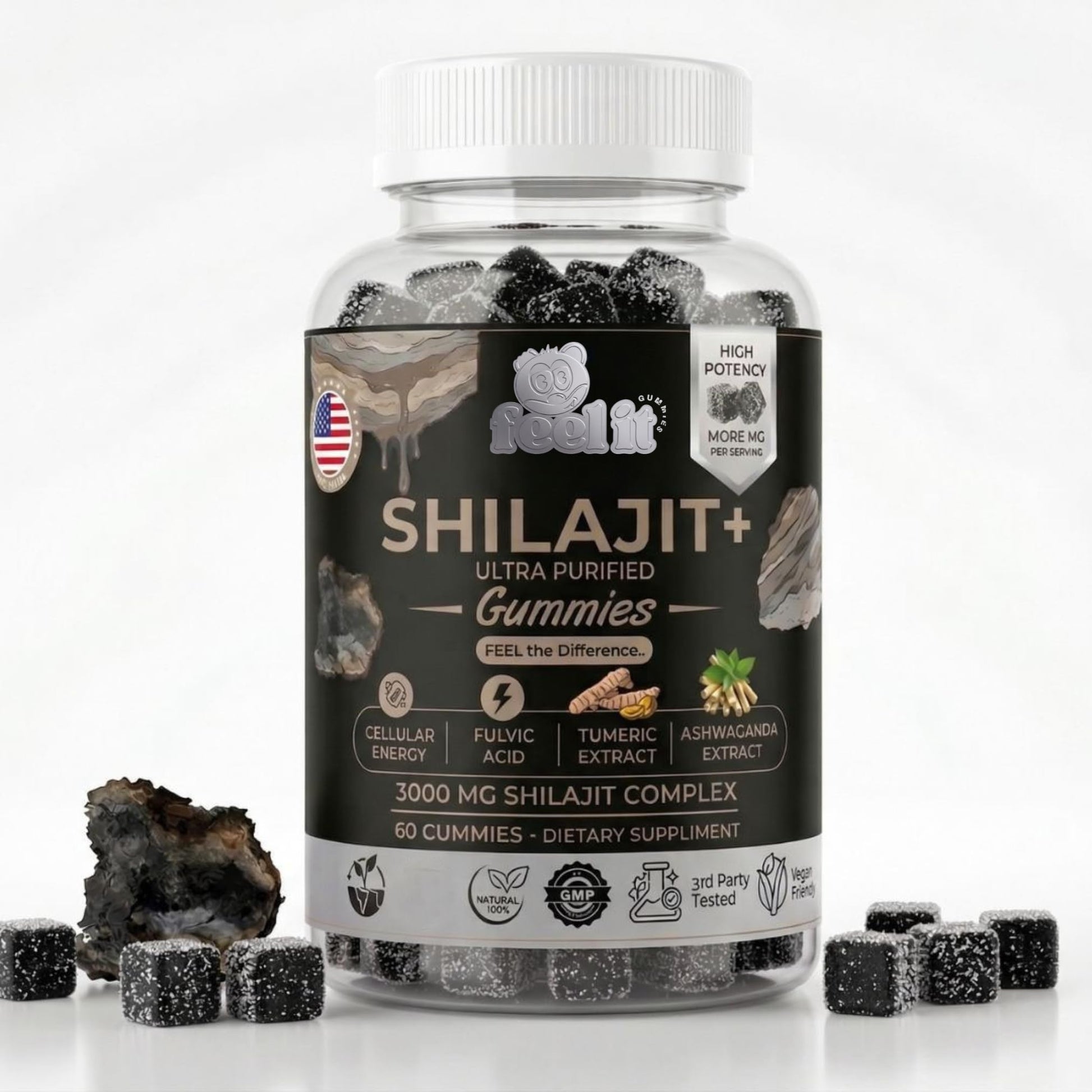 Feel It Gummies Shilajit – 3000mg per Gummy with Fulvic Acid, Ashwagandha & Turmeric, Natural Energy, Focus & Immune Support, 60 Gummies