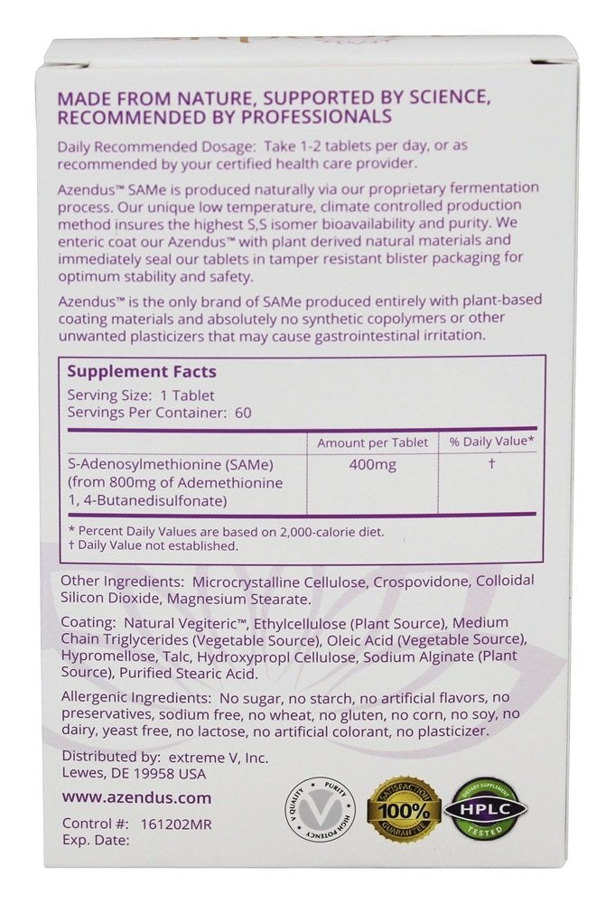 Extreme V, Inc Azendus Natural SAM-e for Liver Health 400mg Tablet, 1 Tablet