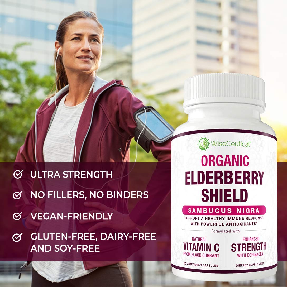 Wiseceutical Max Strength USDA Organic Black Elderberry, Black Currant Extract & Echinacea Capsules 60 Count