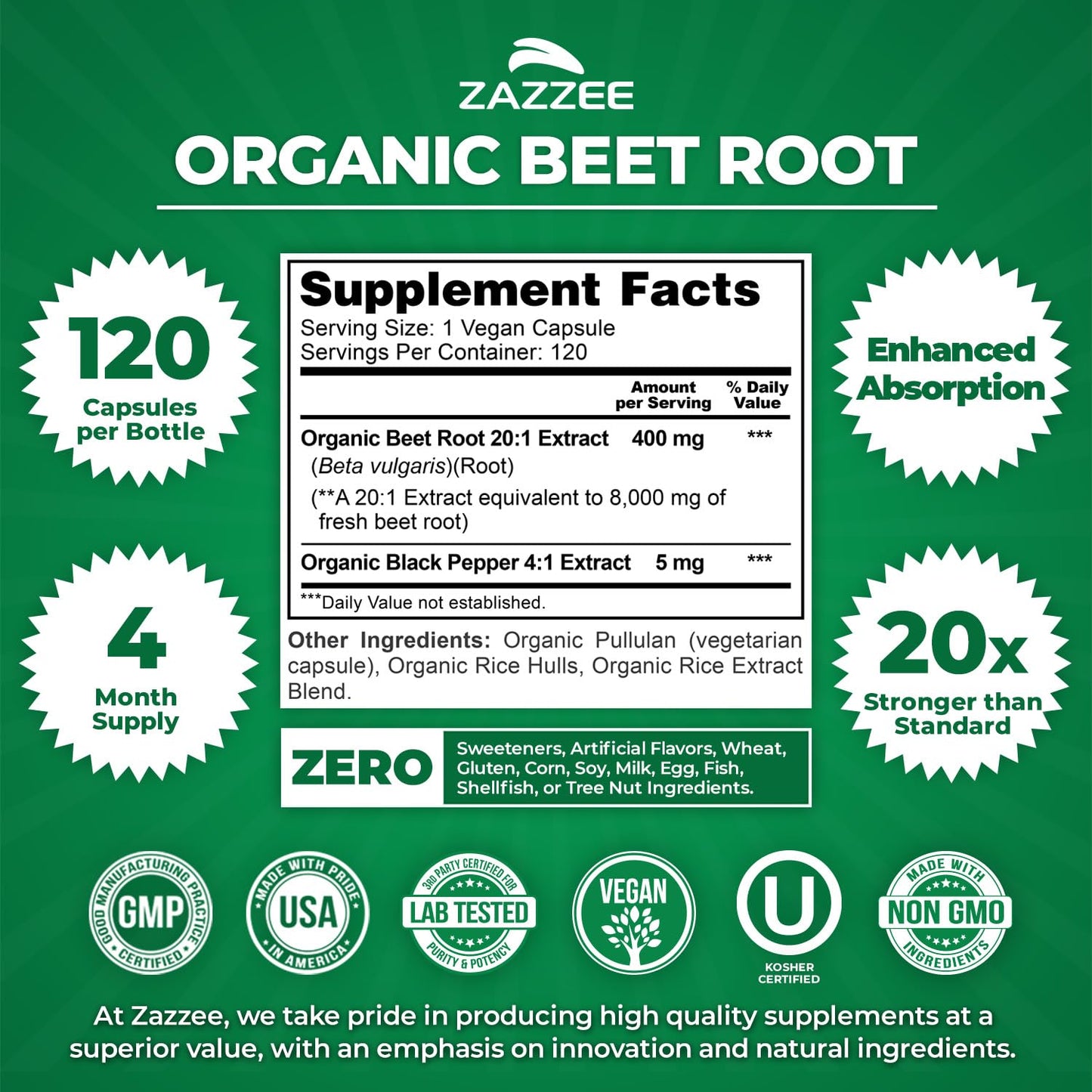 Zazzee USDA Organic Beet Root 20:1 Extract Capsules 120 Count