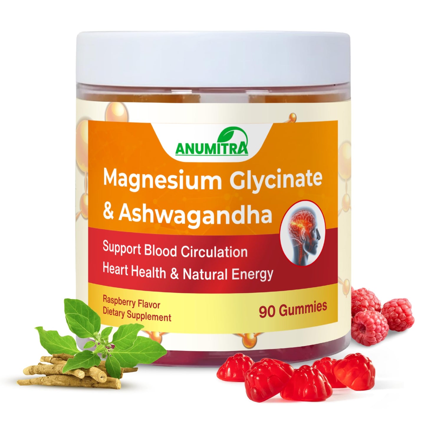 ANUMITRA Magnesium Glycinate 1000mg Gummies with Ashwagandha & CoQ10, High Absorption Vegan, Sleep & Calm Support, Raspberry Flavor, 90 Gummies