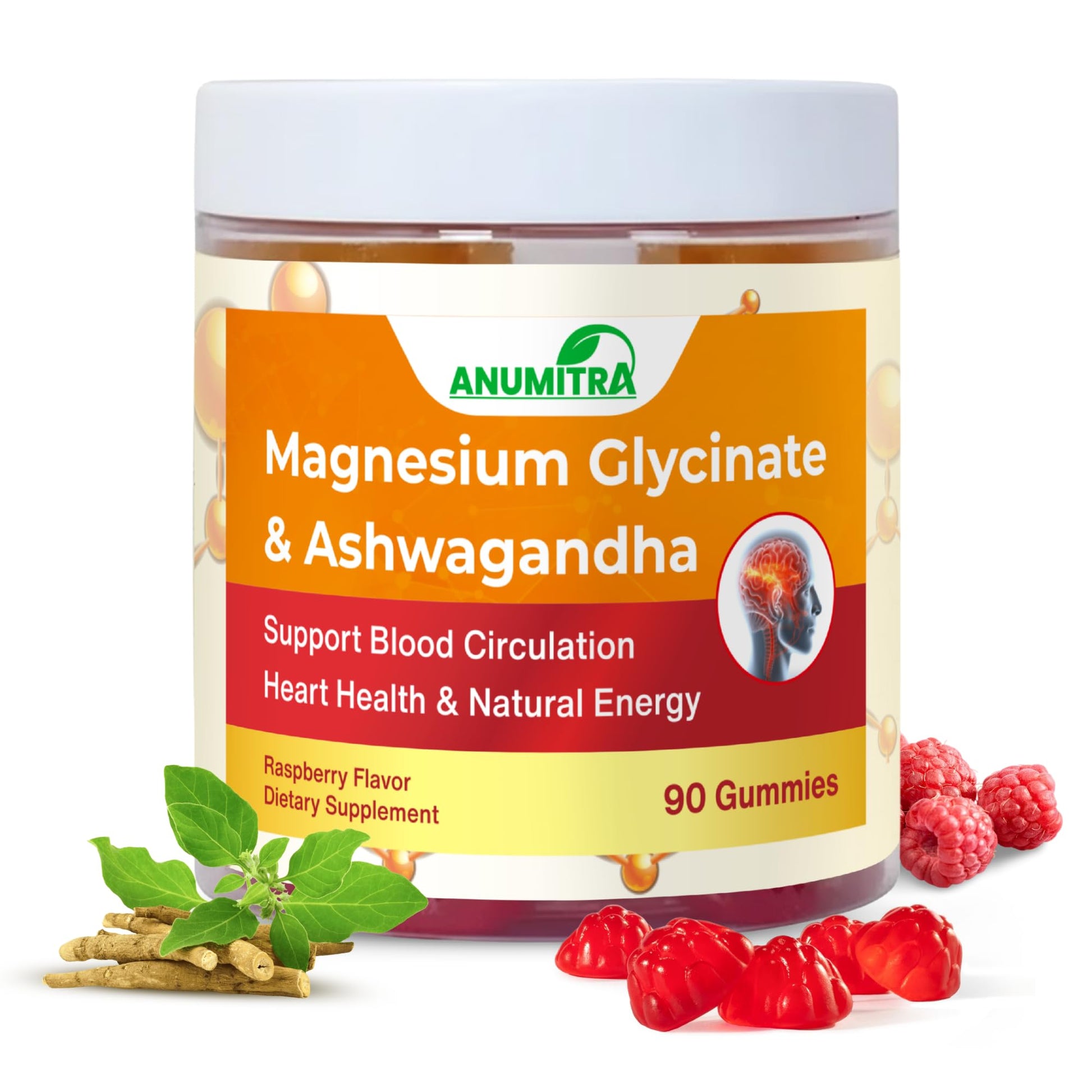 ANUMITRA Magnesium Glycinate 1000mg Gummies with Ashwagandha & CoQ10, High Absorption Vegan, Sleep & Calm Support, Raspberry Flavor, 90 Gummies