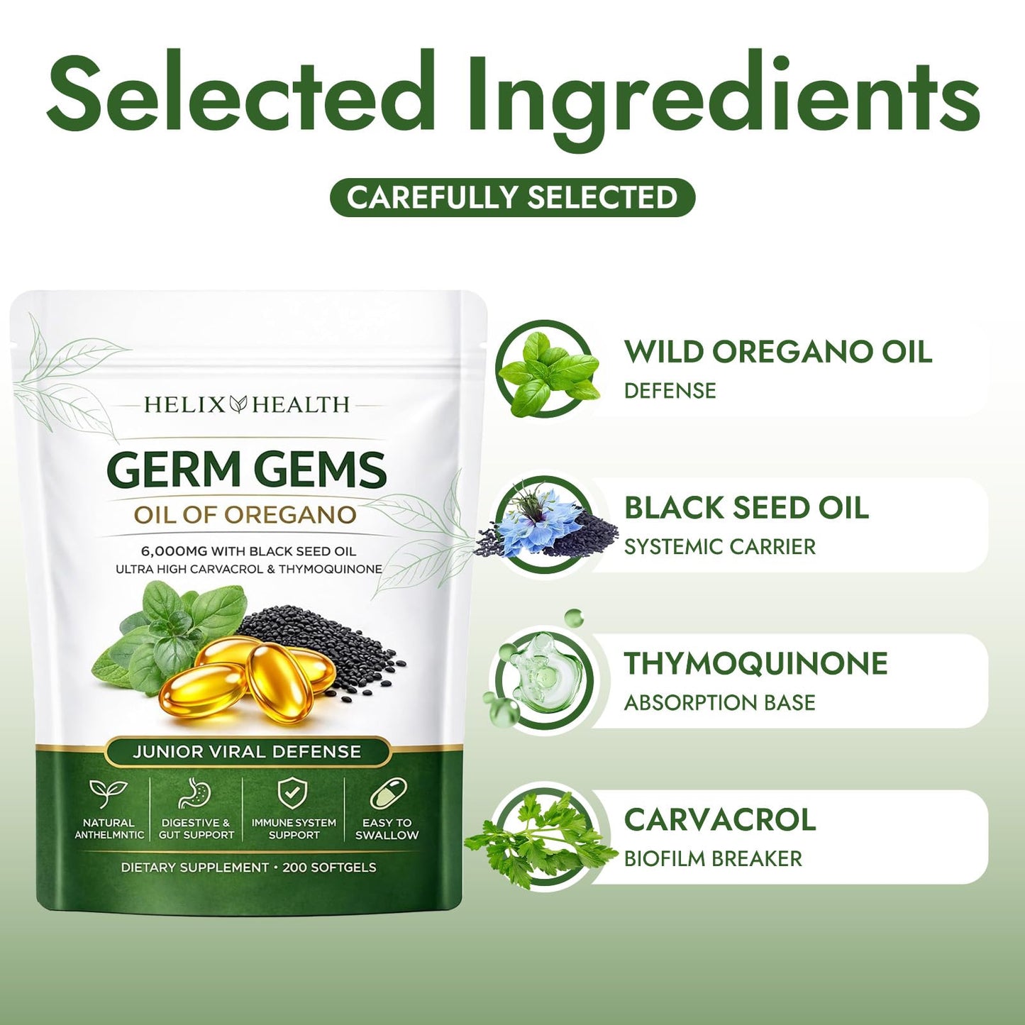 AuraNaturals Helix Health Germ Gems Oil of Oregano Capsule with Black Seed Oil, 4X Strength Carvacrol & Thymoquinone, Immune & Digestive Support, 2-in-1 Formula, Plant Based, Non-GMO, 200 Count