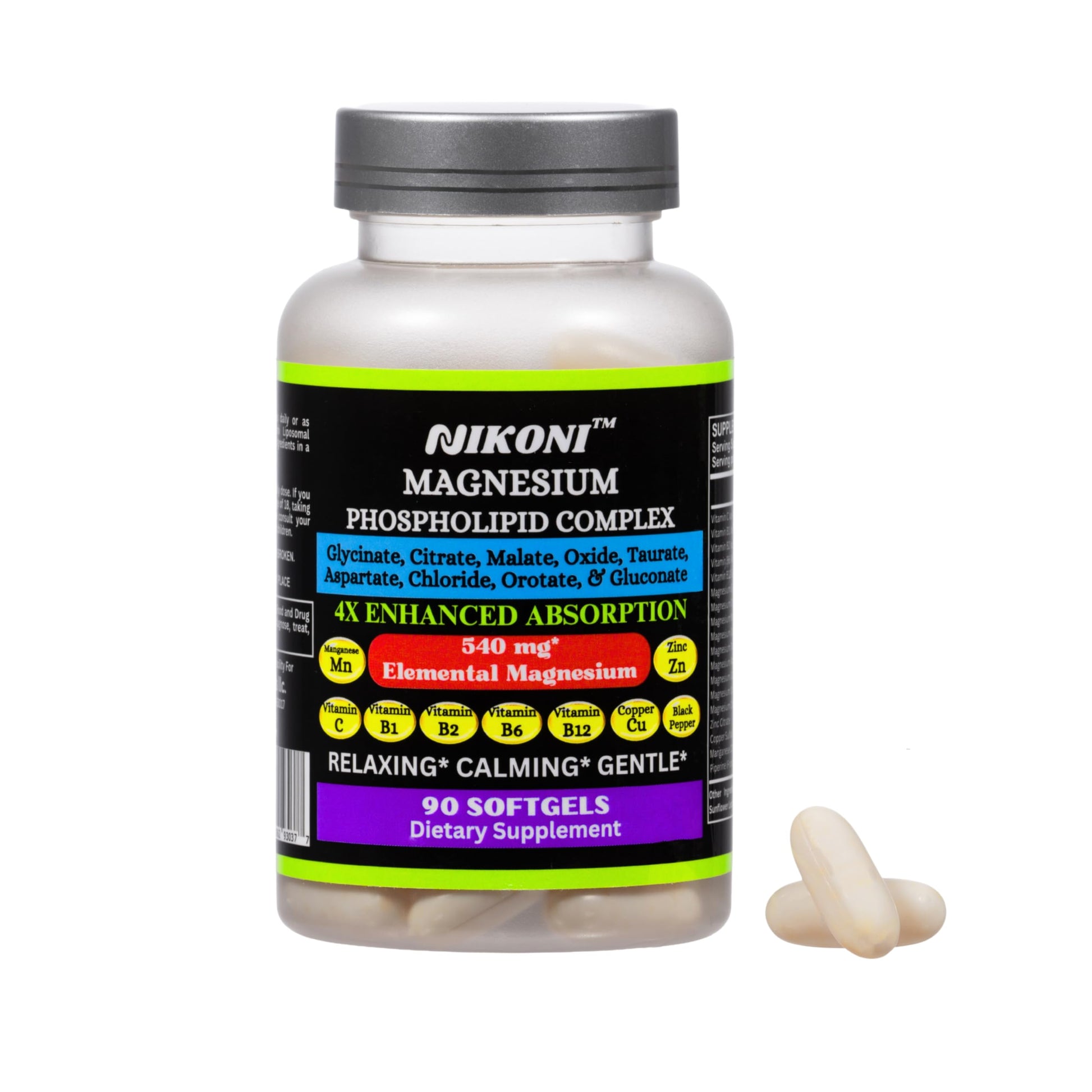 Nikoni Phospholipid Magnesium Complex 2500mg (9 Magnesium Salts, 5 Vitamins & 3 Minerals) Softgels 90