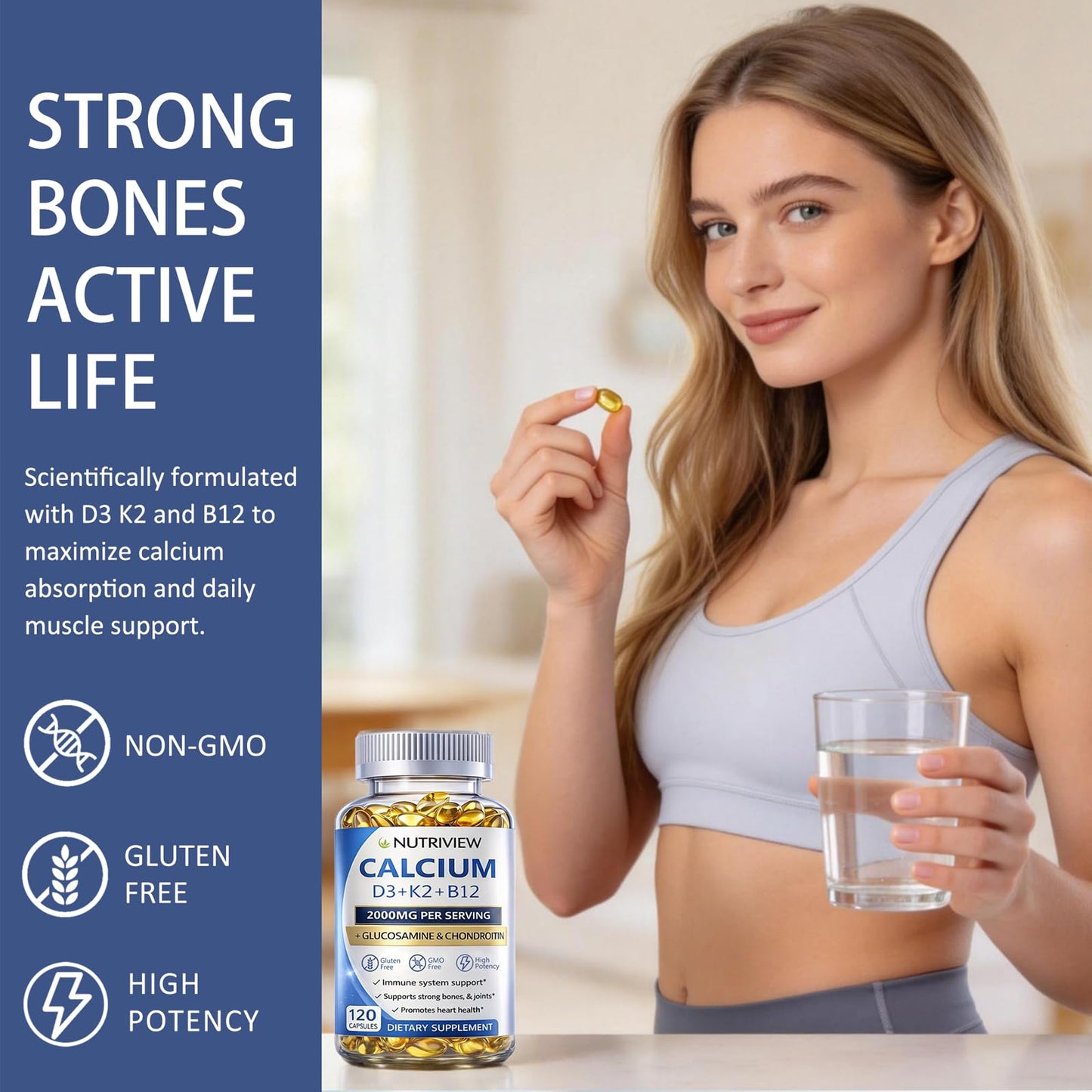 Uagain NutriView Calcium 2000mg with D3 & K2 High Absorption Bone Health Supplement for Women Softgels, 120 Count