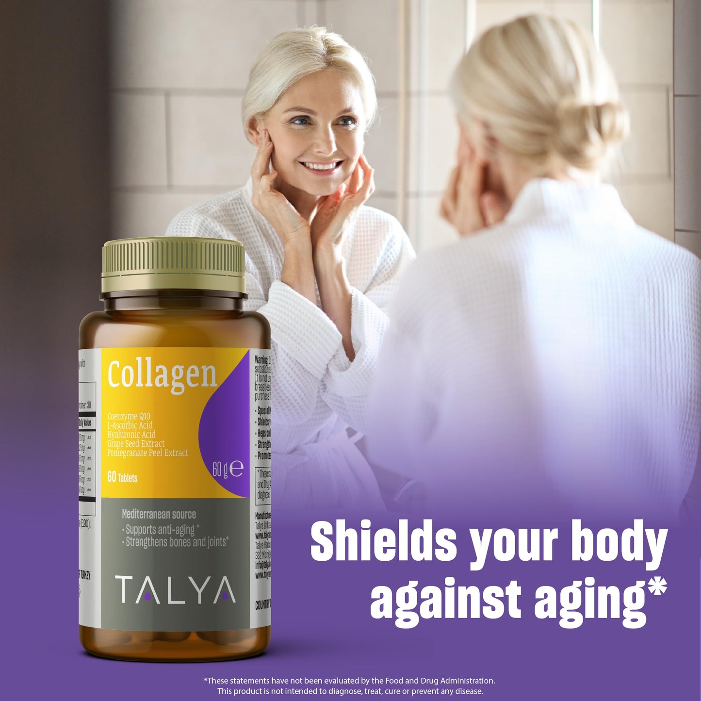 TALYA Collagen Pills with Hyaluronic Acid + Vitamin C Tablets, 60 Tablets