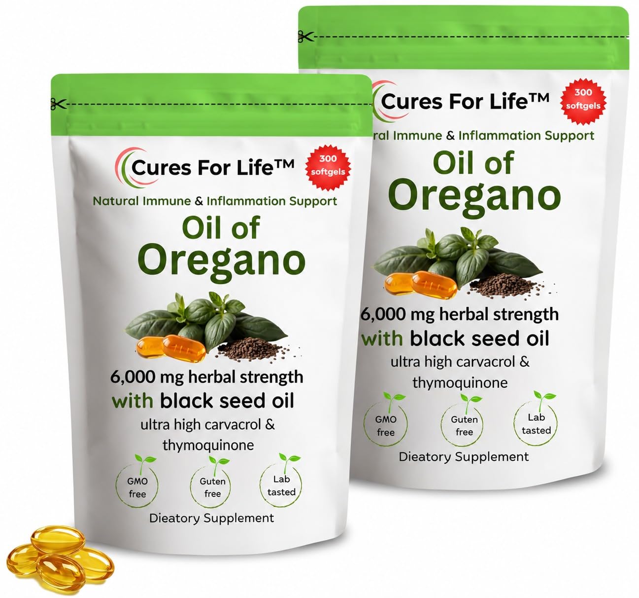 Cures For Life Oil of Oregano Softgels, 300 Softgels, 2-in-1 Immune Support & Digestive Health