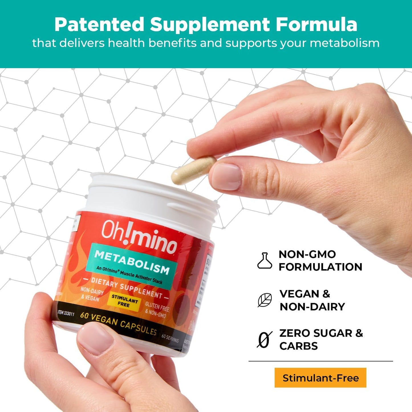 Oh!mino Metabolism Support Supplement for Efficient Fat to Energy Conversion with L-Carnitine, Phenylcapsaicin, and Vitamin B3 - Non-Jitters, Stimulant-Free, Vegan, Non-Dairy Capsules, 60 Capsules