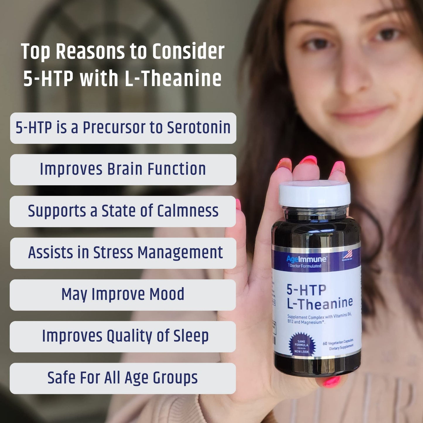 AgeImmune 5-HTP 100mg with L-Theanine 400 mg Capsules, 120 Count