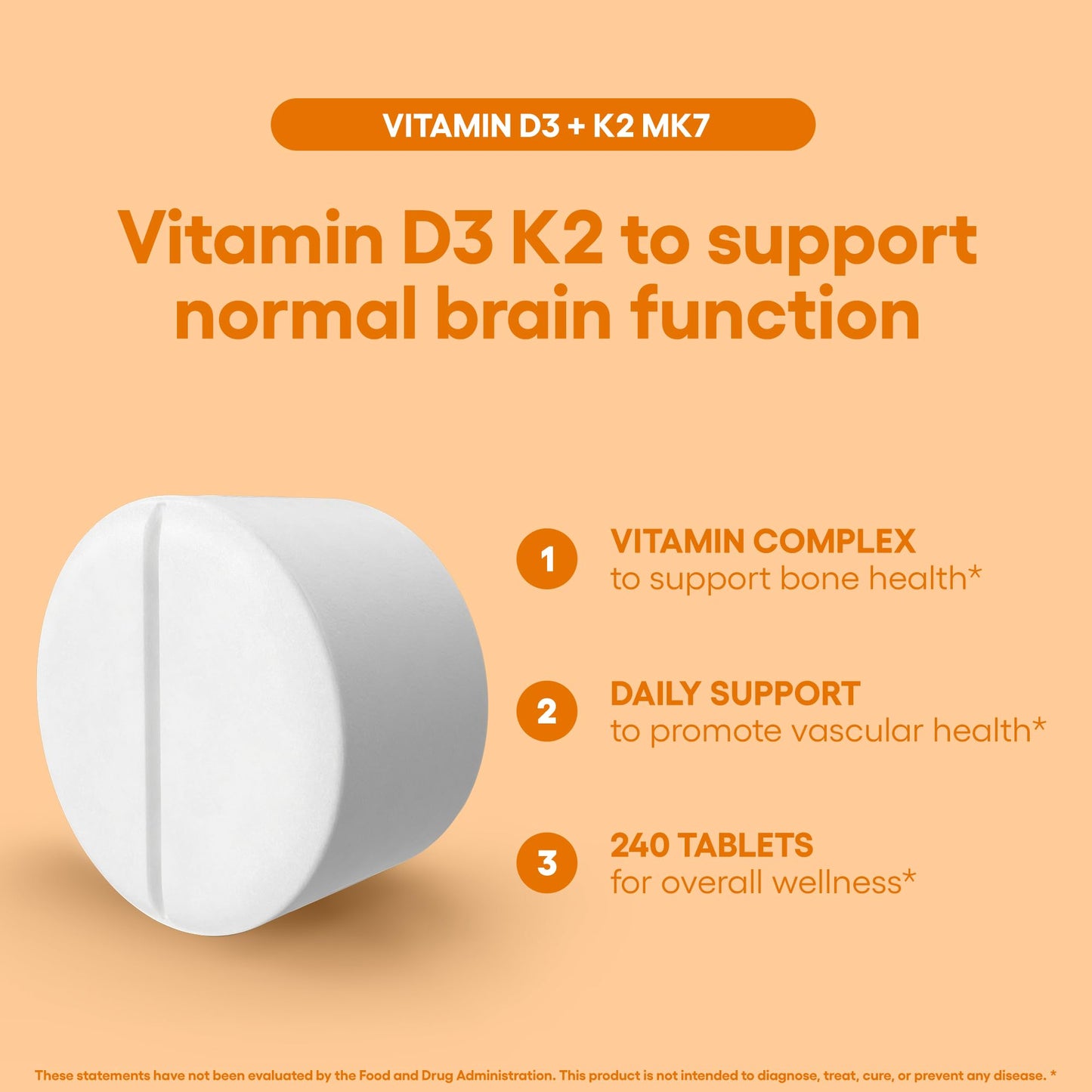 Natural Foundation Supplements Vitamin D3+K2 4000IU + 100mcg MK7 Vegetarian Tablets 240