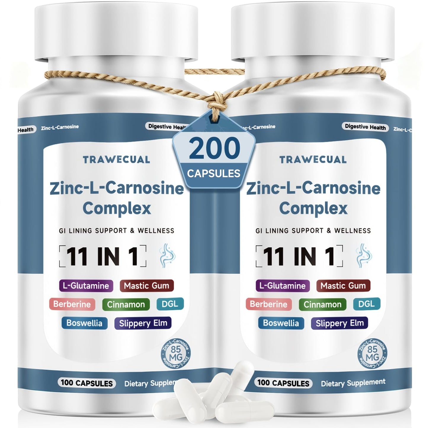 Trawecual Zinc L Carnosine Complex 85mg 11-in-1 Digestive & Gut Health Support with Soothing Blend, L-Glutamine & Mastic Gum, 200 Capsules