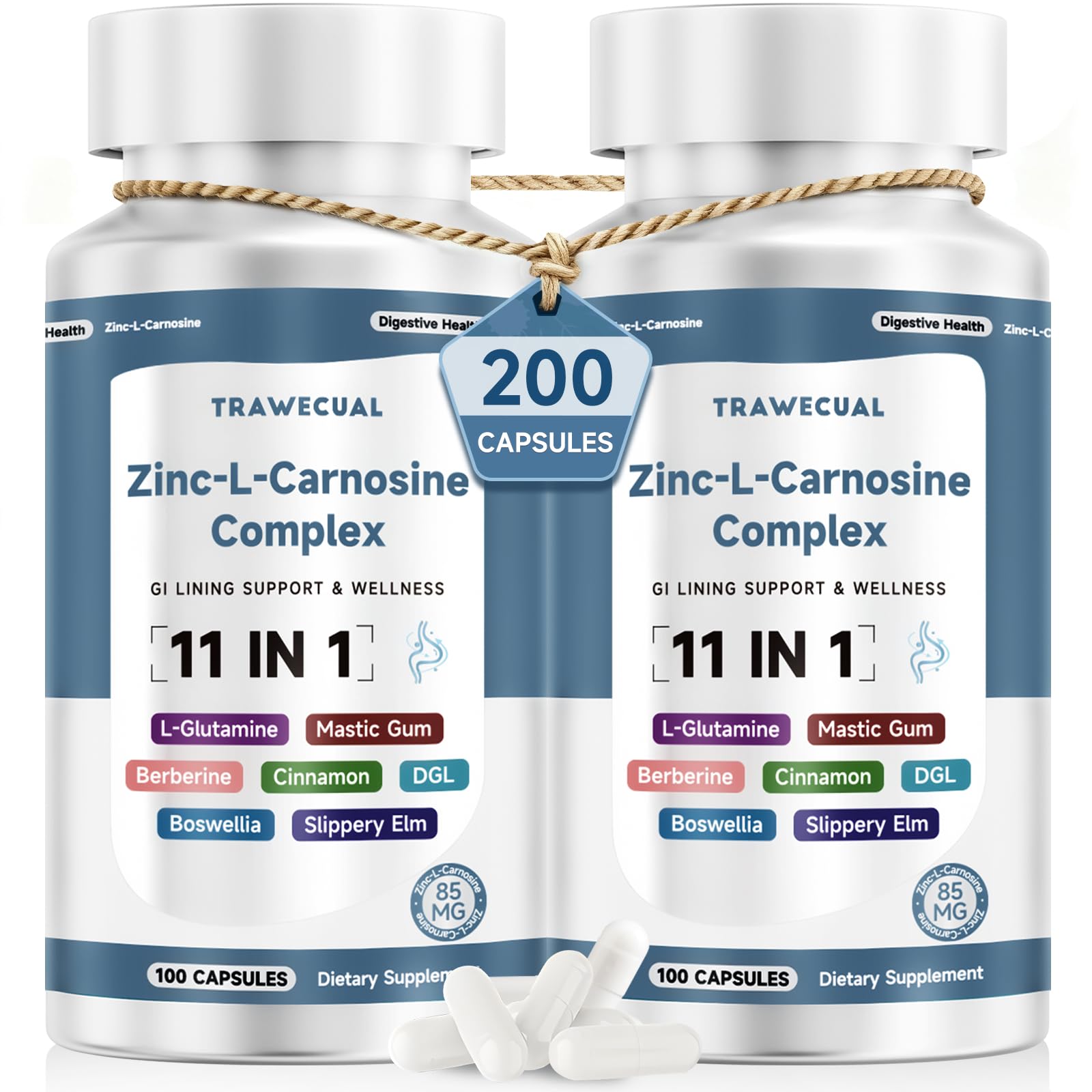 Trawecual Zinc L Carnosine Complex 85mg 11-in-1 Digestive & Gut Health Support with Soothing Blend, L-Glutamine & Mastic Gum, 200 Capsules