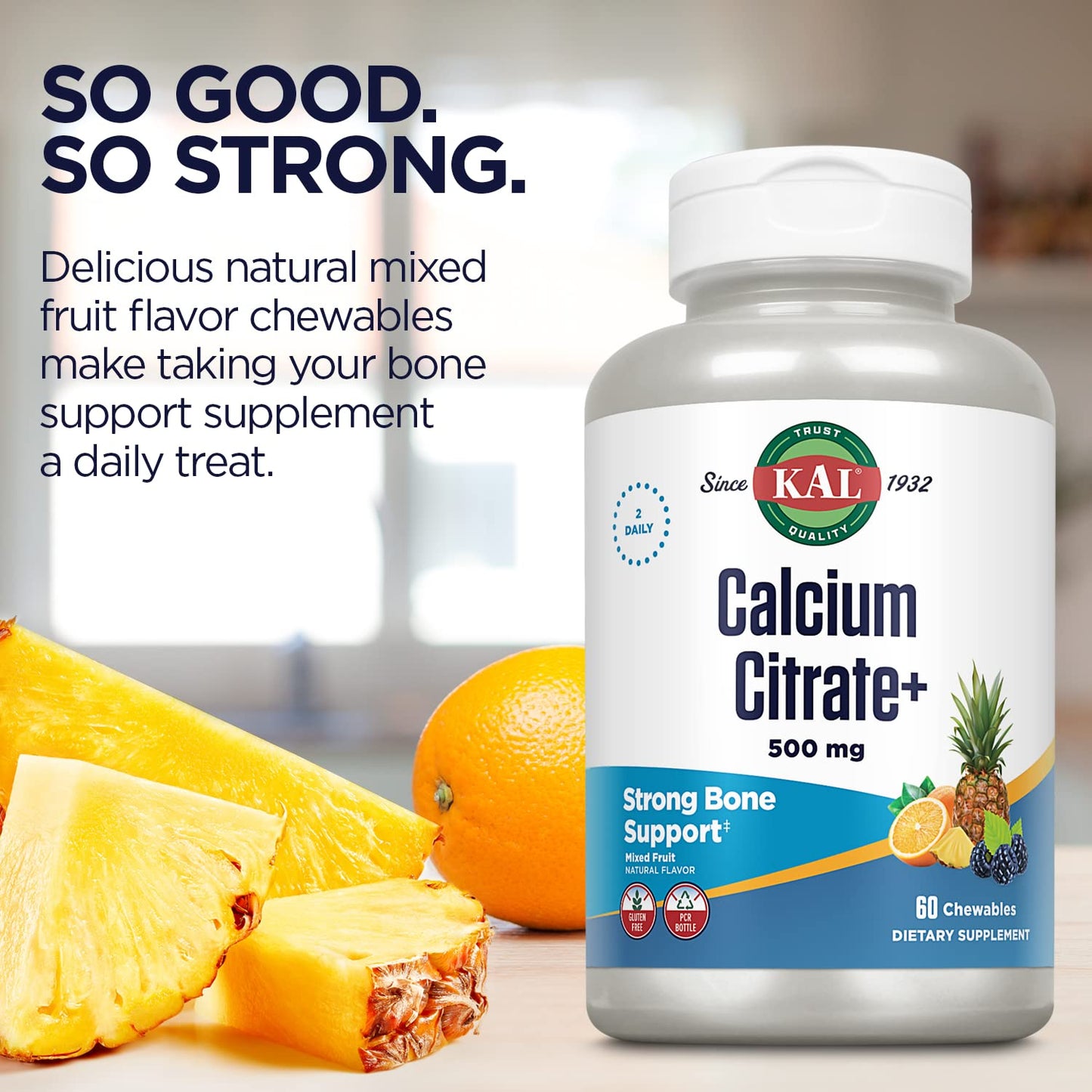 KAL Calcium Citrate Supplement 500mg Chewables with Vitamin D3 & Magnesium, 60 Count