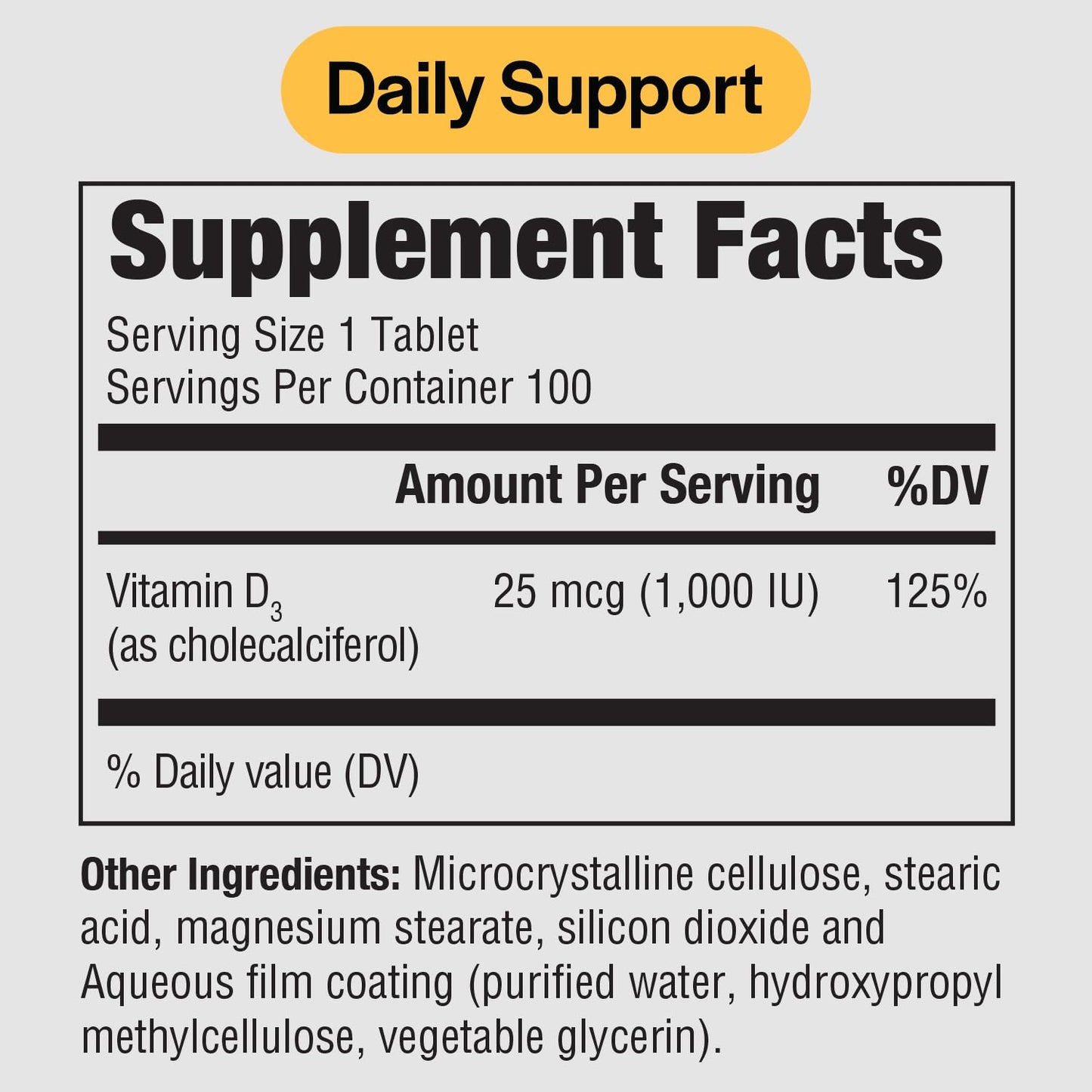 PureFormulas Vitamin D3 1,000 IU 25 mcg Premium Vitamin D Supplement for Healthy Bone Formation, Teeth, Cardiovascular Health, and Immune Support Non-GMO, 100 Tablets