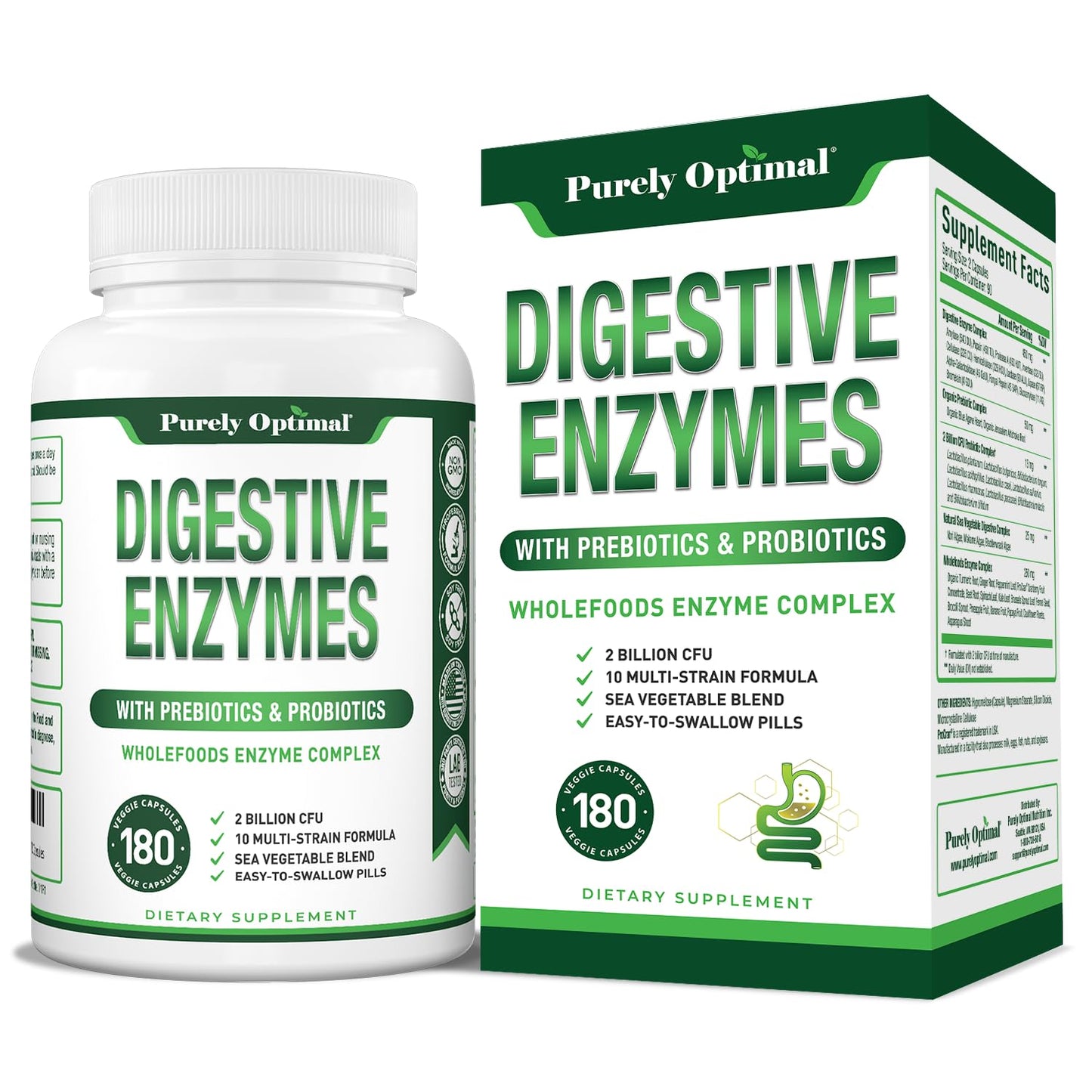 Purely Optimal Digestive Enzymes for Women and Men – Multi-Enzyme Supplement for Bloating Relief, Digestion and Heavy Meal Support – with Probiotics and Prebiotics for Gut Health, 180 Capsules