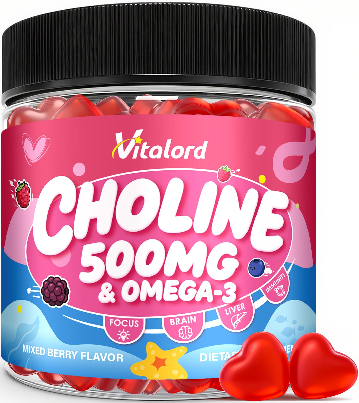 Vitalord CDP Choline with Omega-3 Gummies 500mg, 60 Count