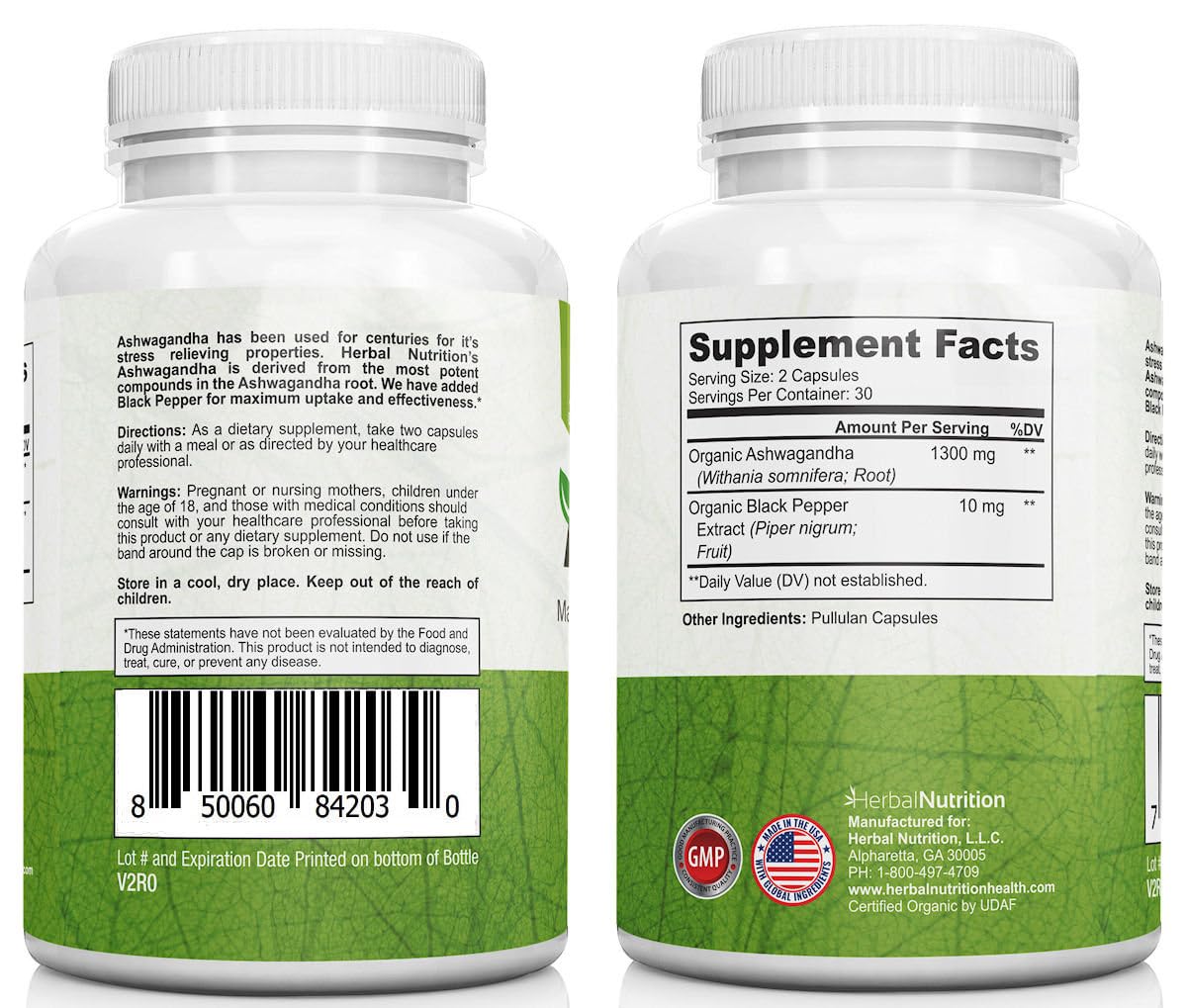 Herbal Nutrition Ashwagandha 1300mg Stress & Mood Support Supplement, 120 Capsules