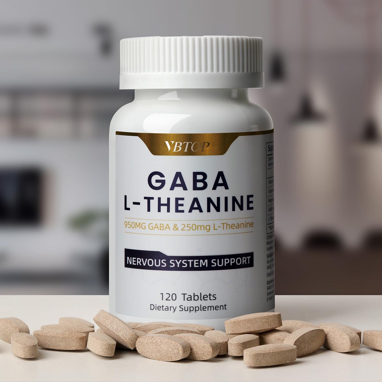 VBTOP GABA Supplement 950mg with L-Theanine 250mg, Melatonin-Free, Enhanced with B6/B12/Magnesium for Calm, Restful Sleep & Stress Relief, 240 Tablets
