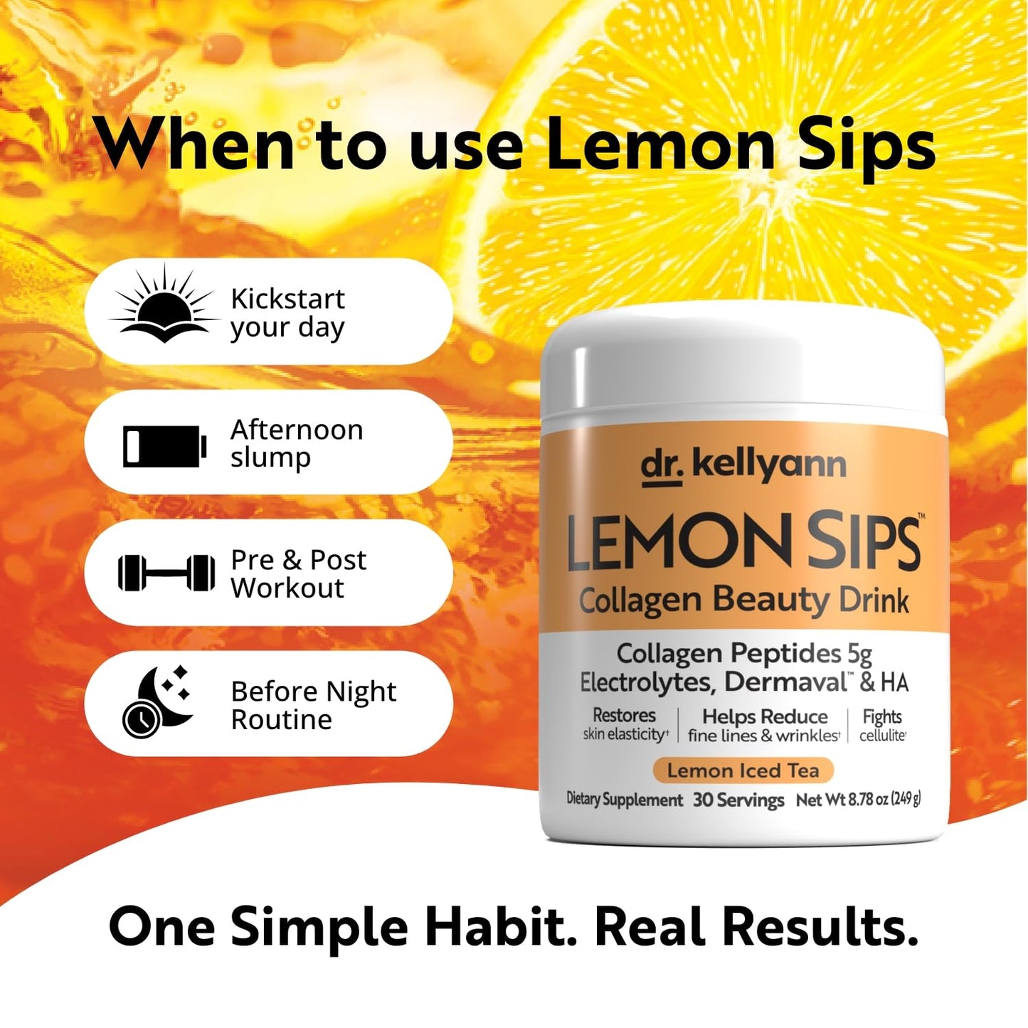 Dr. Kellyann Lemon Sips with Verisol Collagen Peptides, Dermaval & Hyaluronic Acid, Sugar-Free Hydrating Electrolyte Powder, Lemon Iced Tea Flavor, 8.78 Ounce