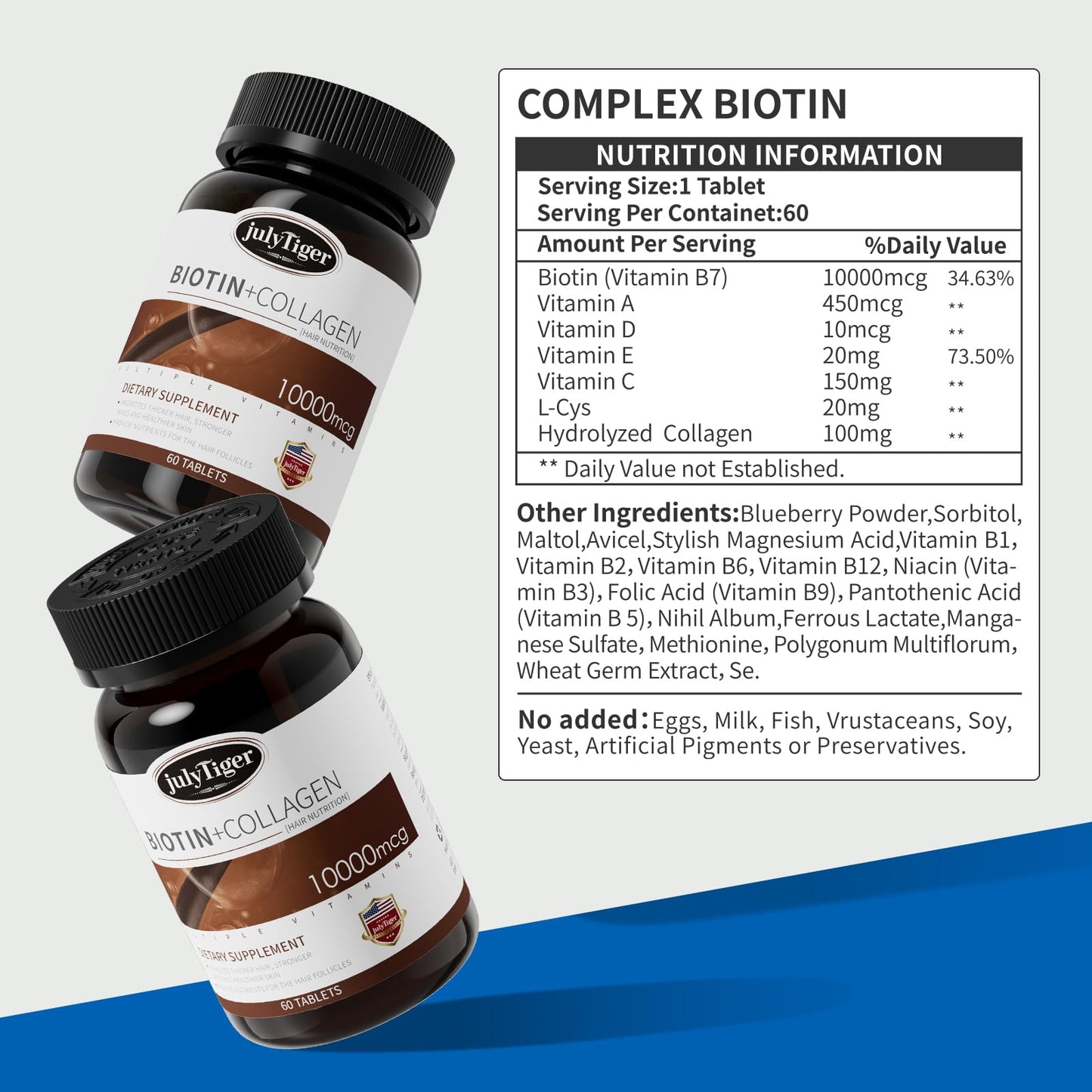 julytiegr Biotin 10,000mcg (Vitamin B7) with Collagen 60 Tablets