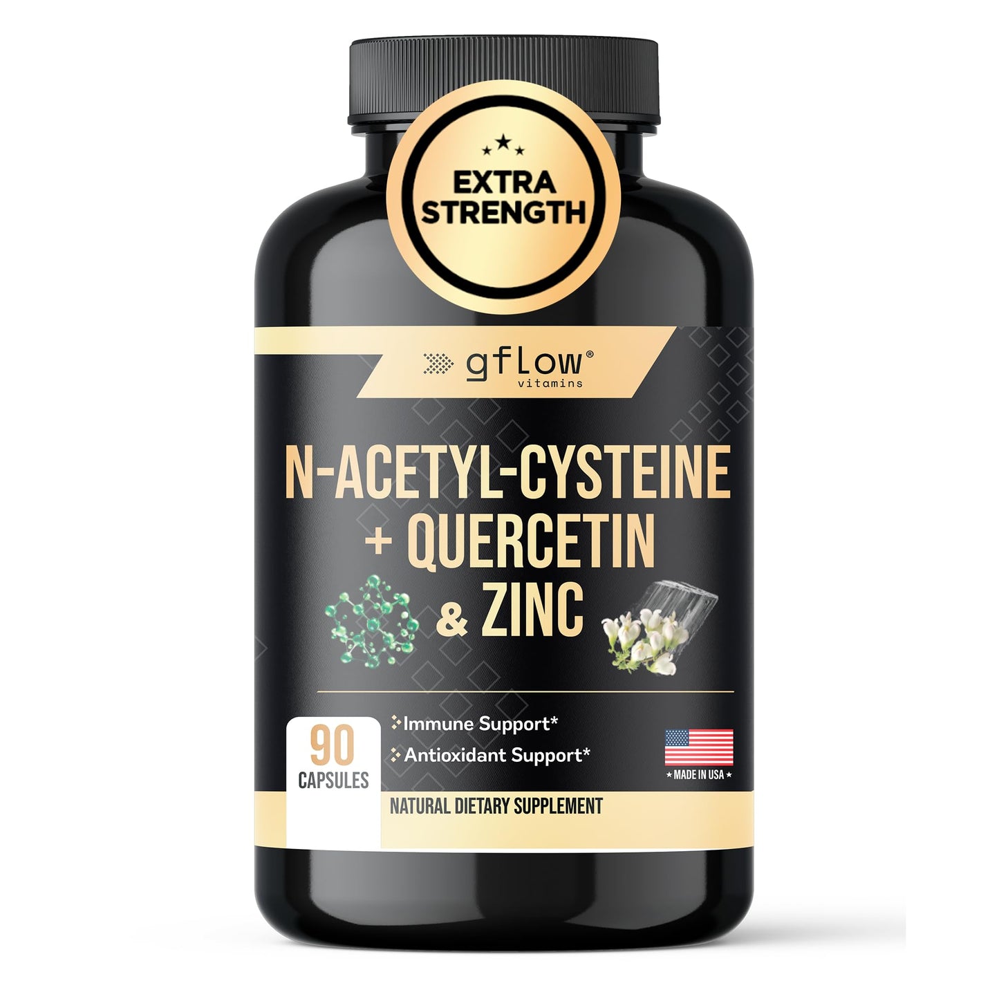 gflow vitamins N-Acetyl-Cysteine with Zinc Quercetin NAC Supplement Capsules, 90 Count