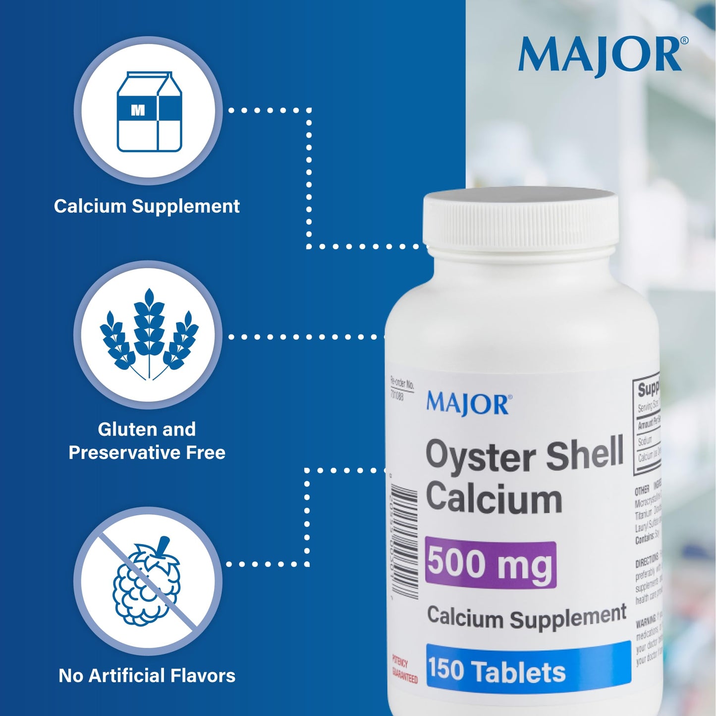 MAJOR Oyster Shell Calcium 500 mg Calcium Supplement Tablets, 150 Tablets