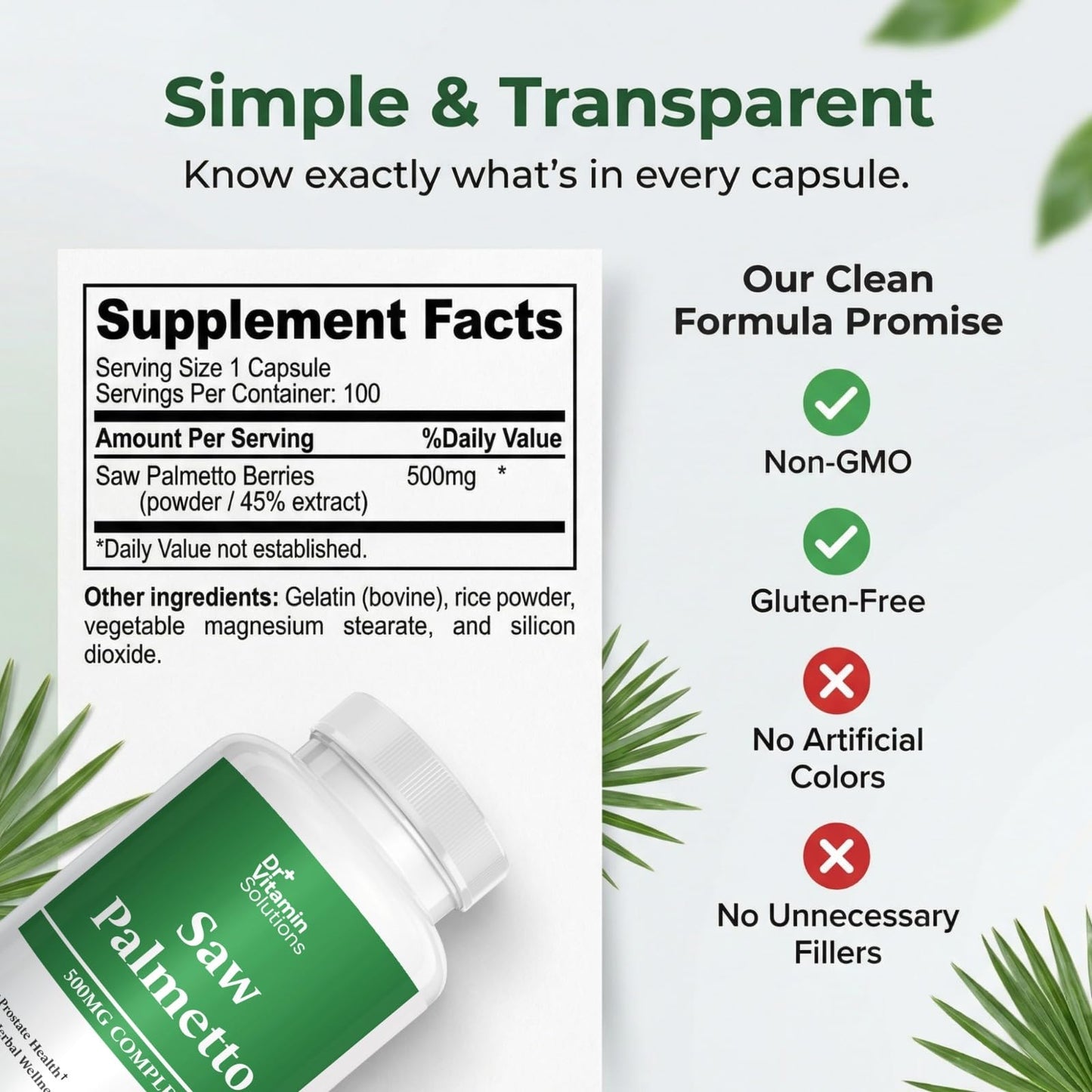 DR VITAMIN SOLUTIONS Saw Palmetto for Men 500mg Prostate Health, 45% Extract, DHT Blocker Capsule 1 Count