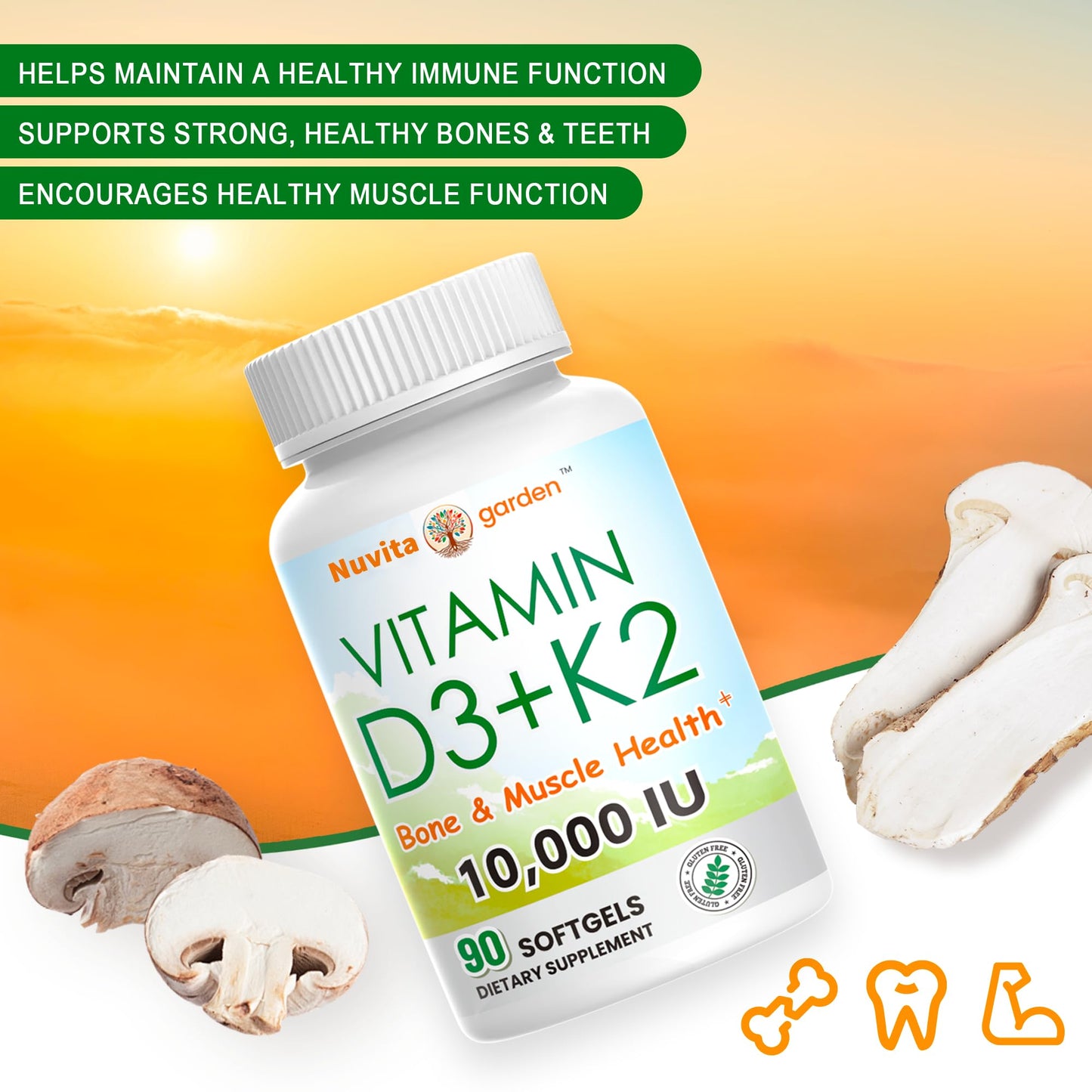 NoMiLu Vitamin D3 + K2 with Plant Based Vitamin D 10000IU & 200mcg Vitamin K2 as MK-7 - Max Absorption - Immune Support - 90 Softgels