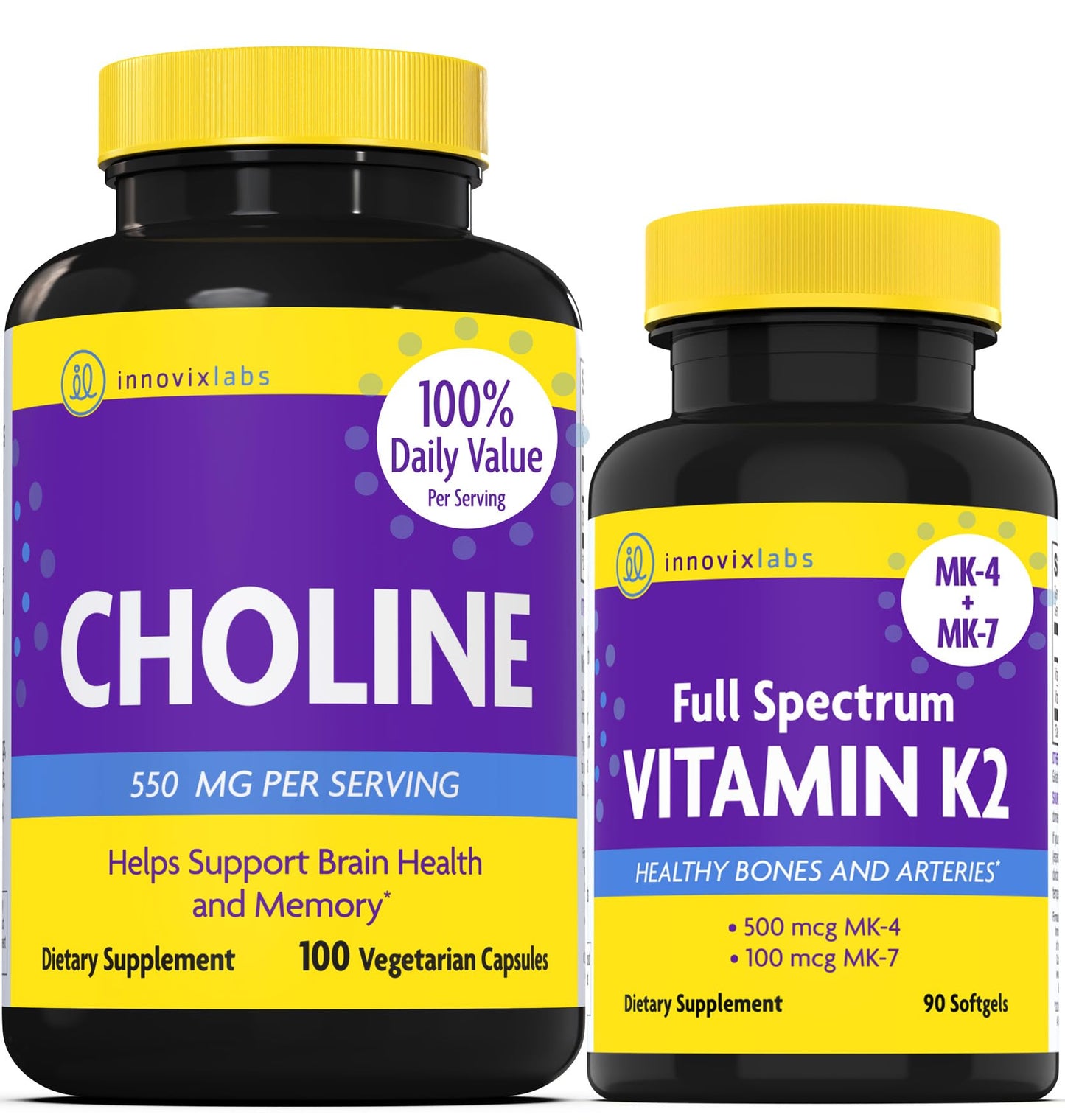 InnovixLabs Choline & Vitamin K2 Bundle - Choline Bitartrate 550mg Capsules (100) & Full Spectrum Vitamin K2 Softgels (90) - 190 Count