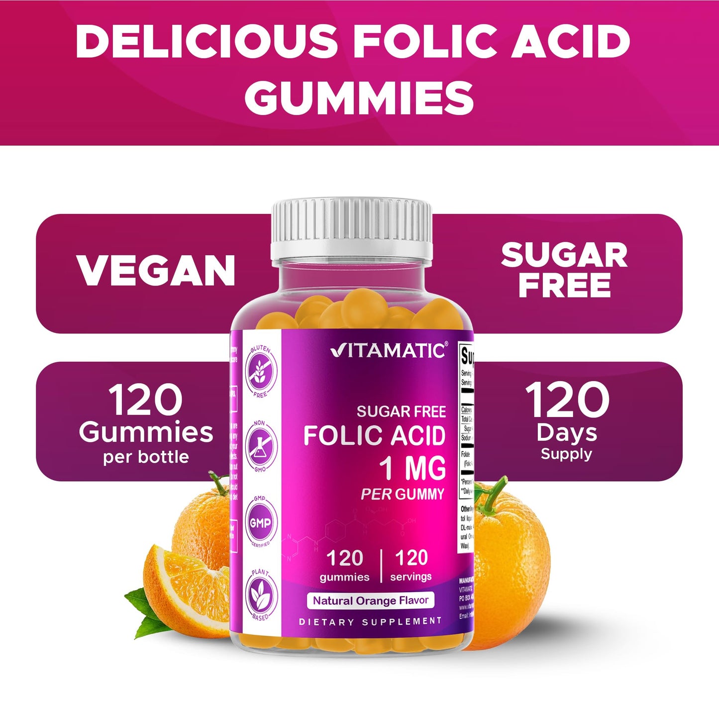 Vitamatic Sugar Free Folic Acid 1 mg Gummies 120 Count