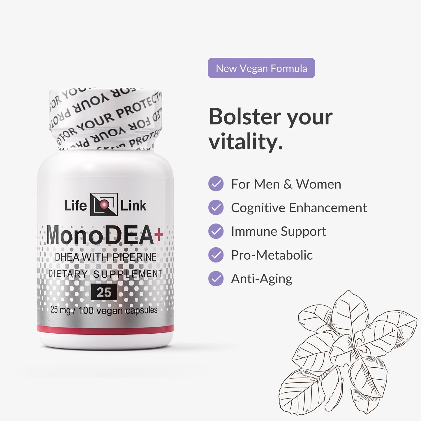 LifeLink DHEA MonoDEA+ (Dehydroepiandrosterone w/Piperine) 25 mg Capsules, 100 Count