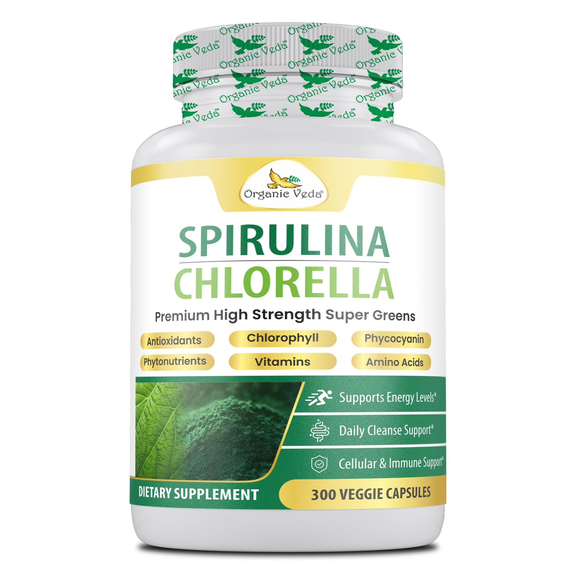 Organic Veda Spirulina Chlorella Capsules, 1500mg, 300 Count