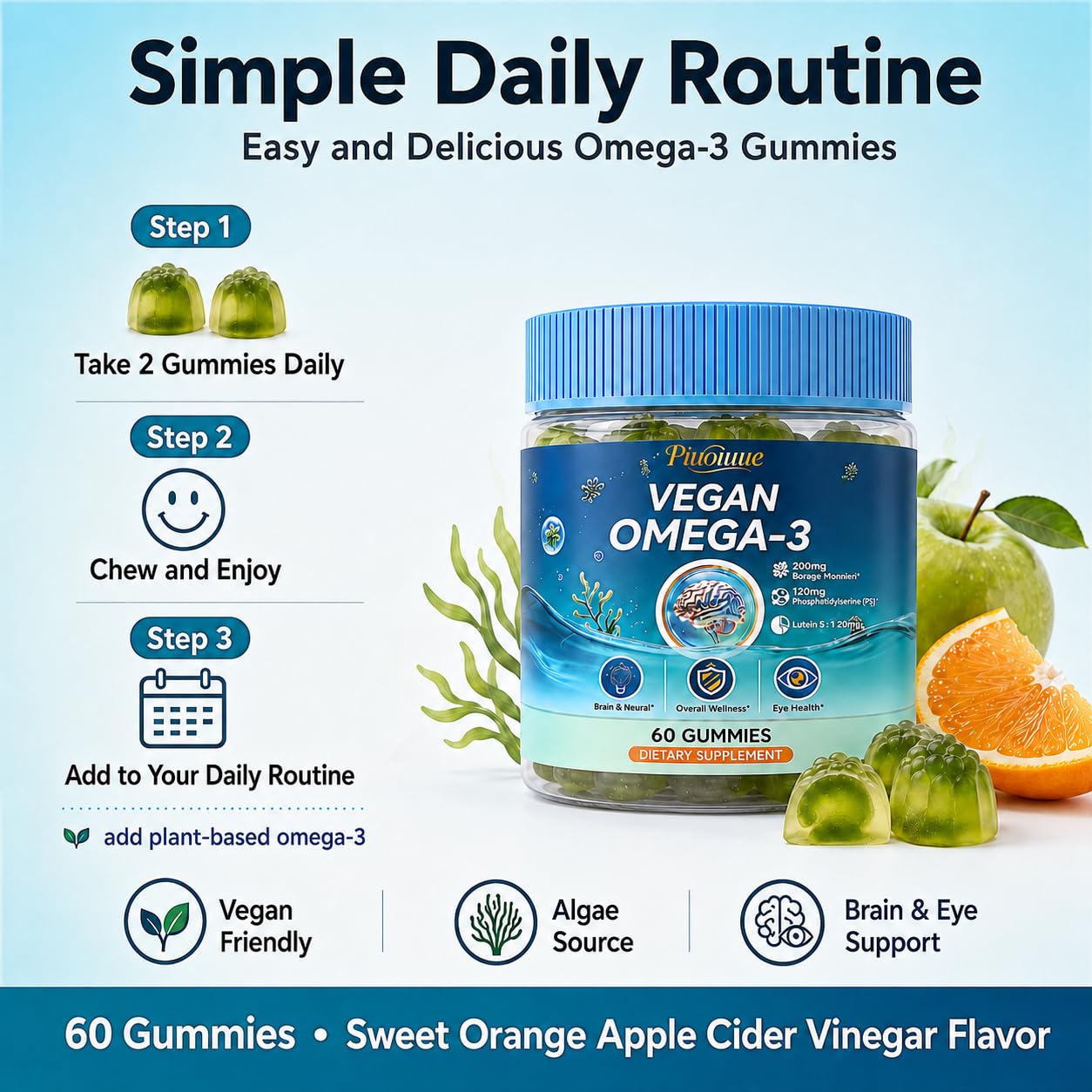Piuoiuue Vegan Omega-3 Gummies with Algae DHA & EPA, Gummy, 60 Count