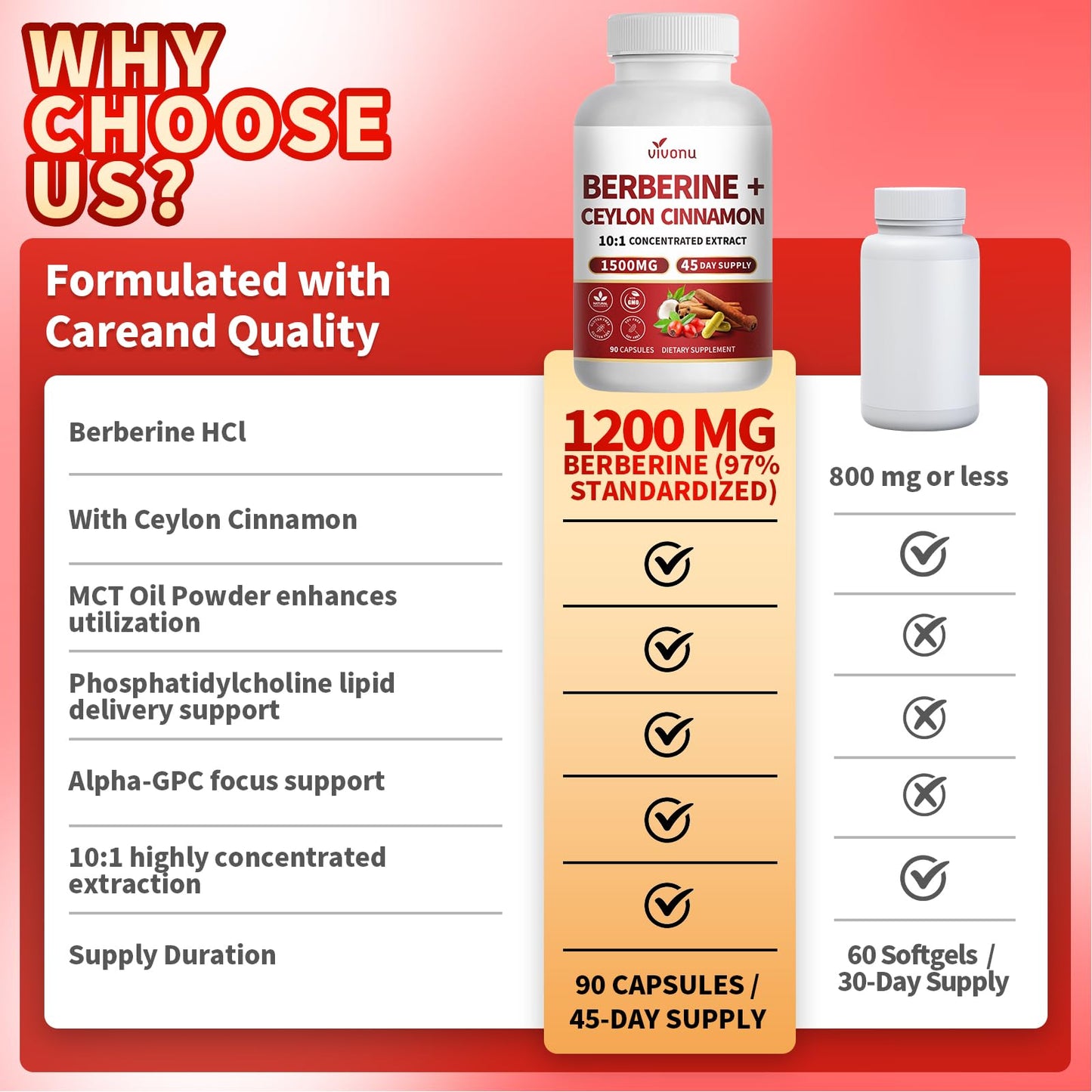 VivoNu Berberine with Ceylon Cinnamon Berberine HCL 1200mg, 1 Capsule