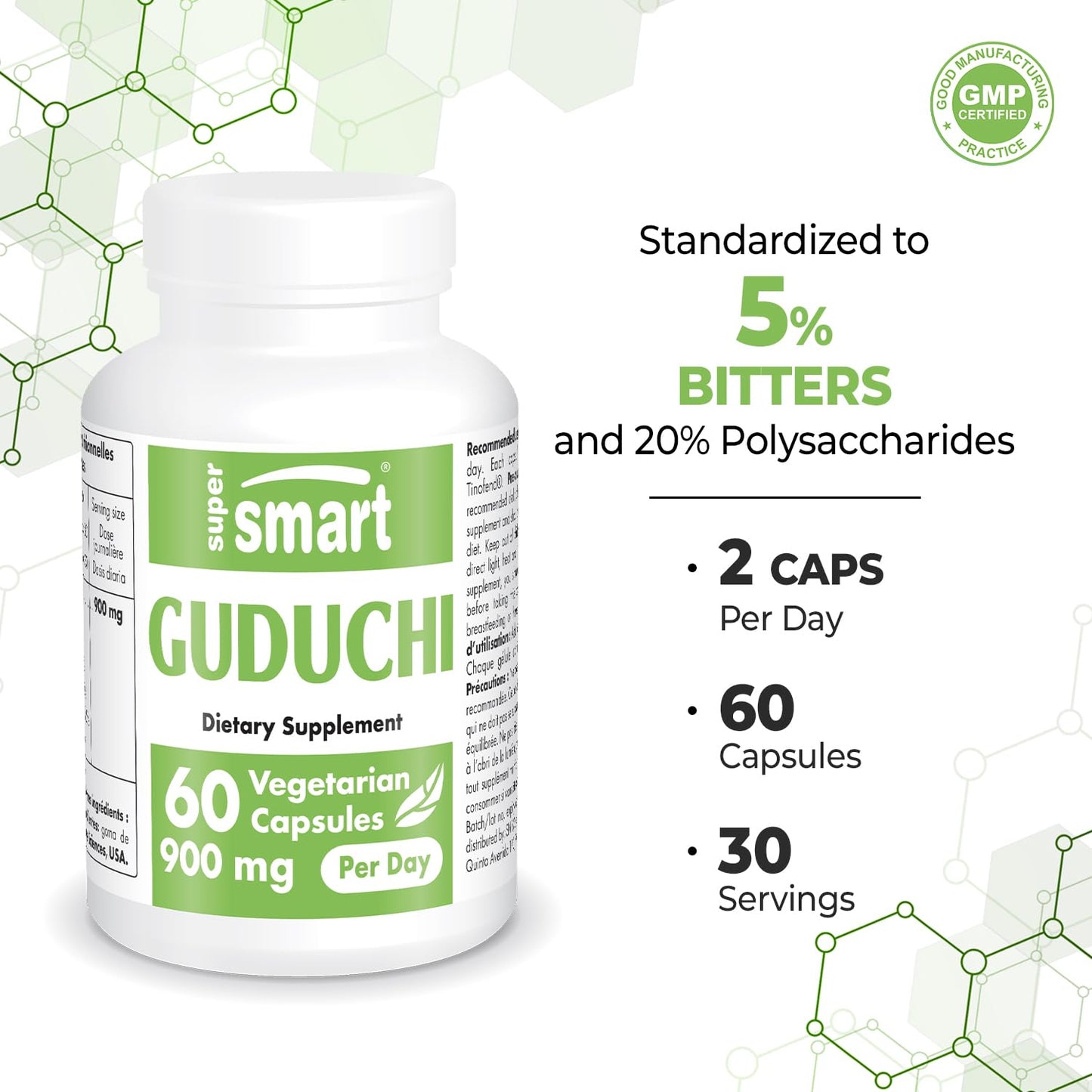 Supersmart Guduchi 900mg per Day (Patented & High Strength) Tinospora Cordifolia Extract Tinofend Guduchi Supplement, 60 Capsules