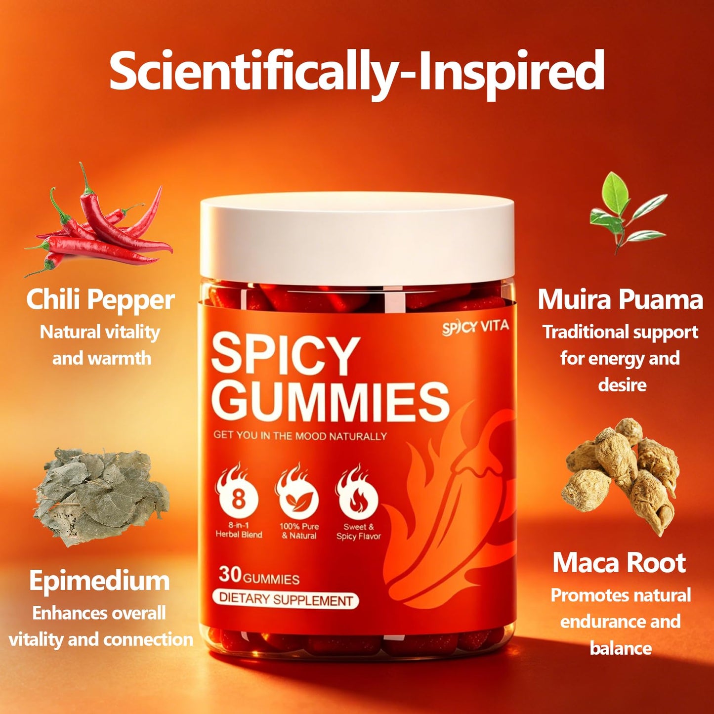 CORTISOL DRINK Spicy Hot Peach Gummies for Natural Mood Support, Female Vitality & Energy, with Muira Puama, Chili Pepper & Maca, 30 Gummies