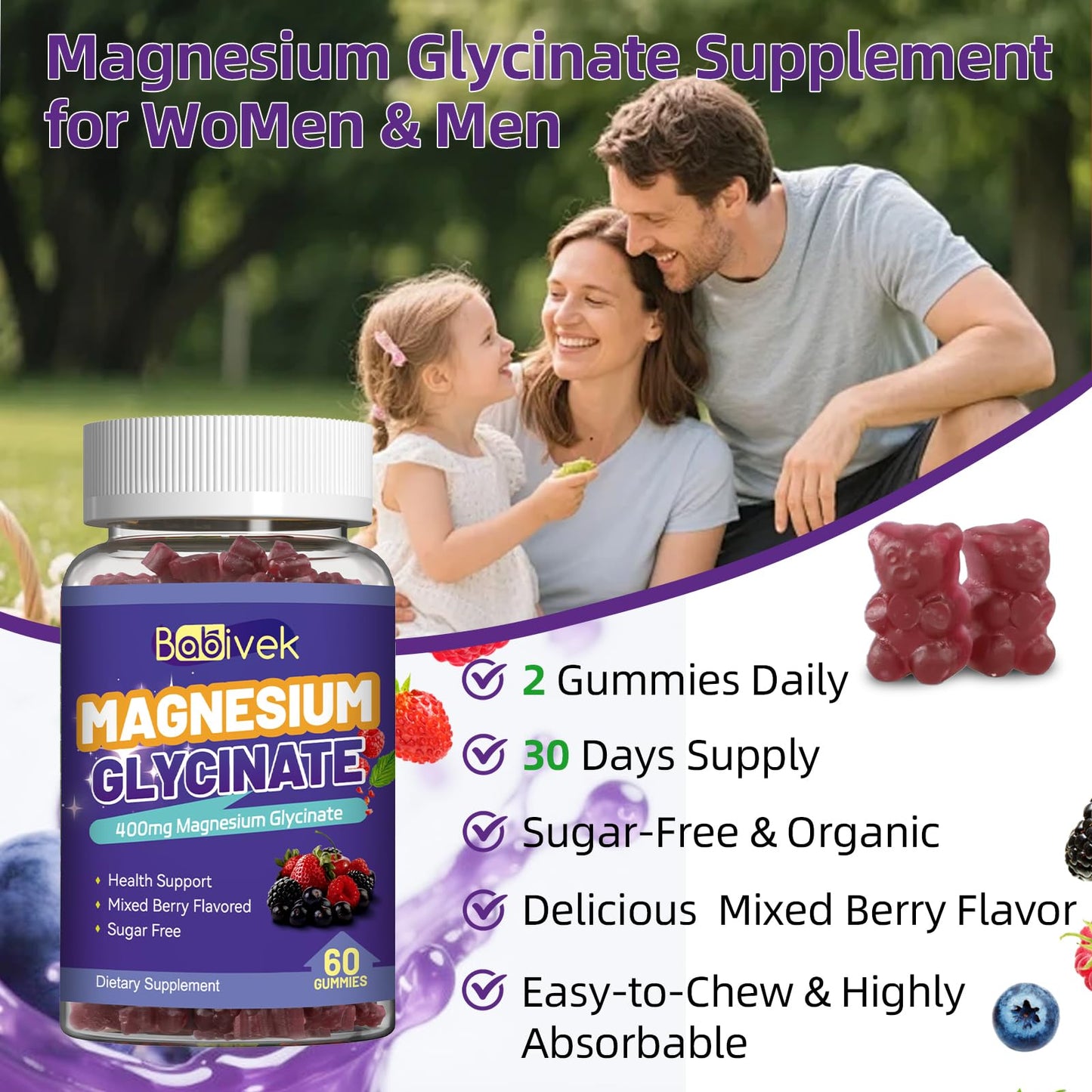 Babivek Magnesium Glycinate Gummies 400mg with L-Threonine 300mg, Sugar Free Magnesium Gummies with Vitamin D & B6, Mixed Berry Flavor, 60 Gummies