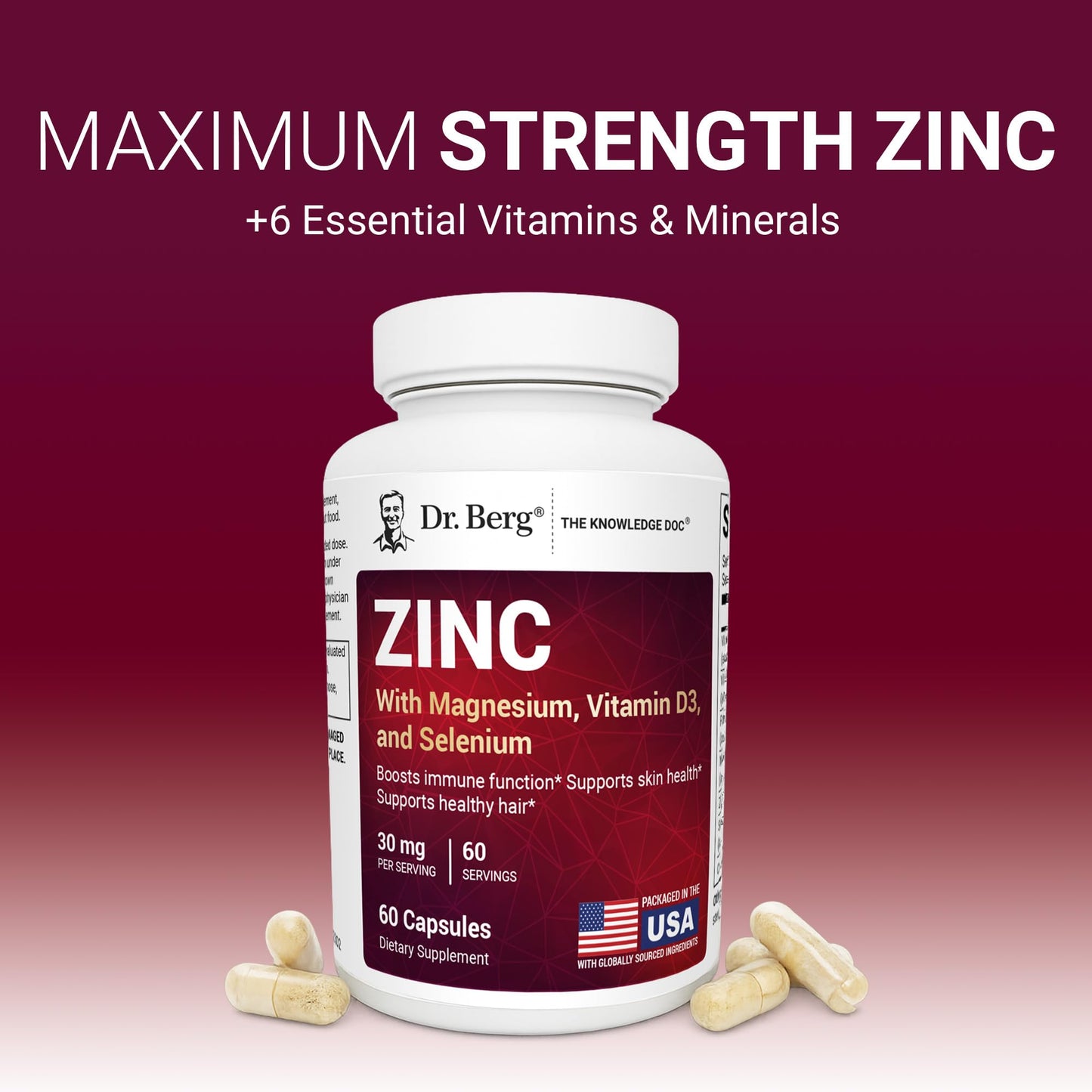 Dr. Berg Nutritionals Zinc 30 mg 7-in-1 Immune Support Formula – Chelated Zinc with Vitamin D & Selenium for Healthy Skin, Hair & Daily Wellness – No Fillers, 4X Tested Capsules, 60 Count