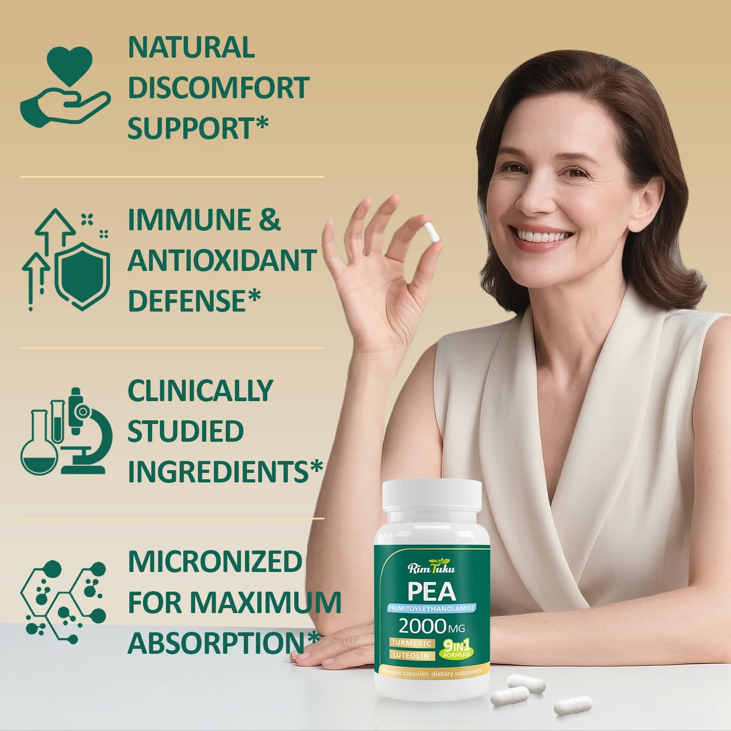 RimTuku Liposomal Palmitoylethanolamide 2000mg + Luteolin 200mg + Turmeric 200mg & Fisetin 100mg, Micronized Pea 99% Highly Purified Enhanced Absorption Pea Supplement Capsules, 240 Count