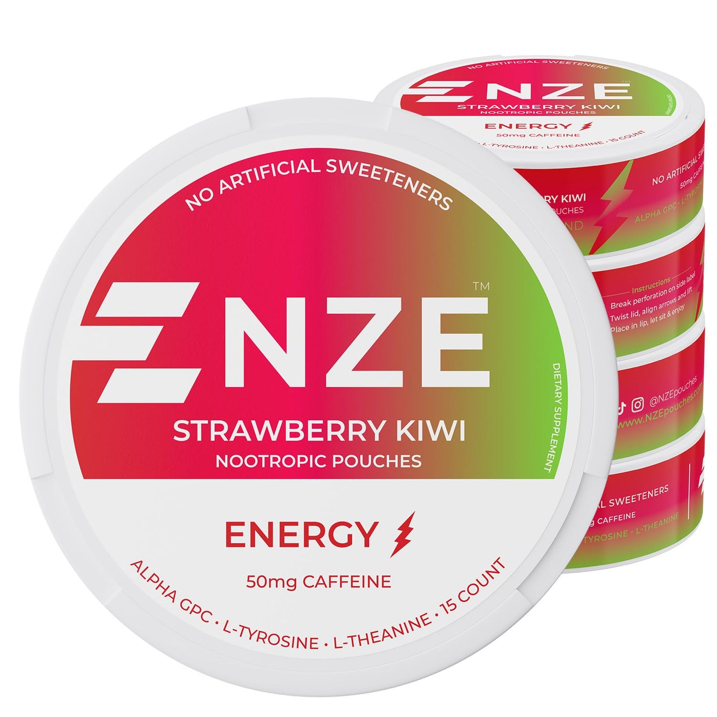 NZE Caffeine Nootropic Pouches (Strawberry Kiwi) Caplet, 5 Count