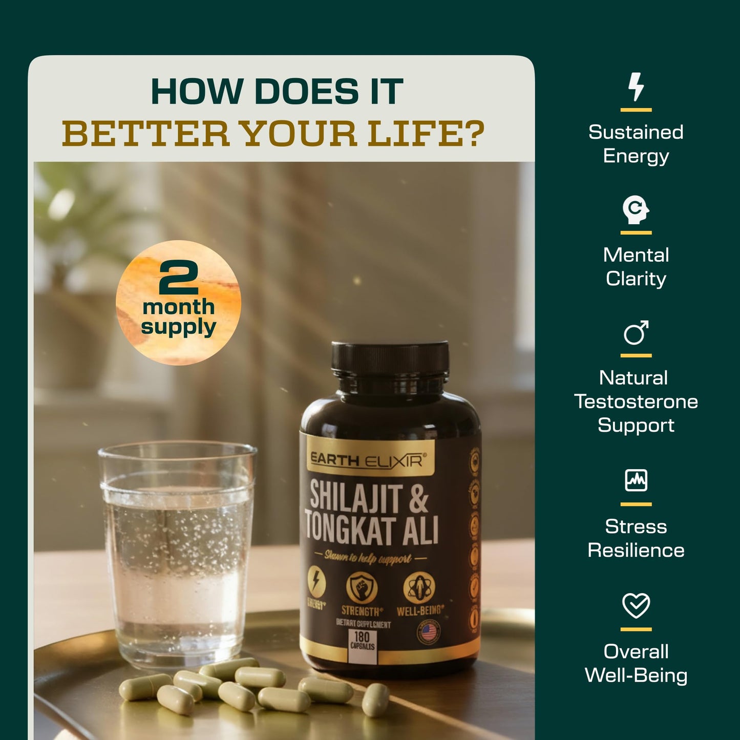 Earth Elixir Shilajit and Tongkat Ali Capsules, 180 Count