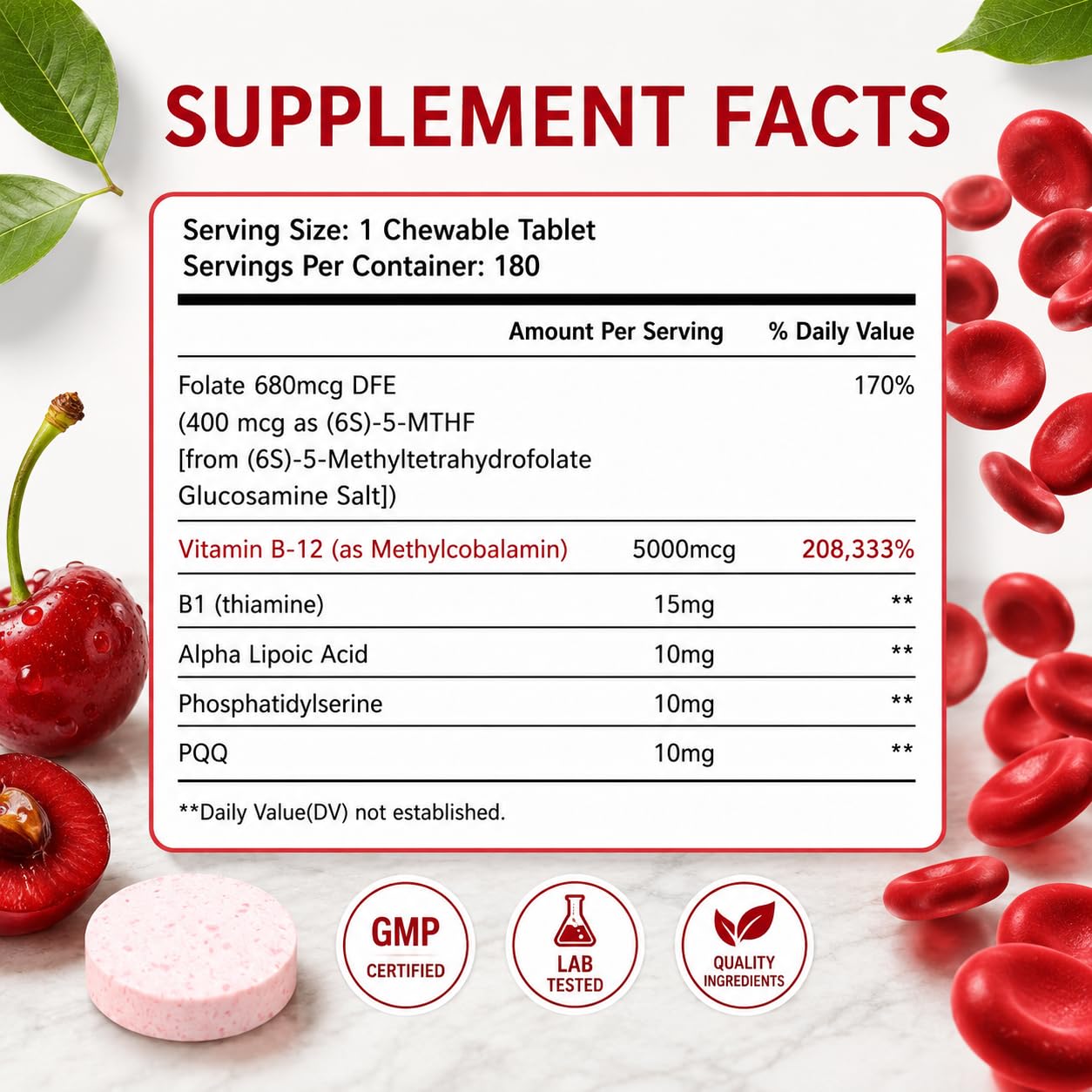 LIIFE Methylcobalamin (PQQ + Active B12) 5000 mcg Cherry Tablets, 360 Tablets