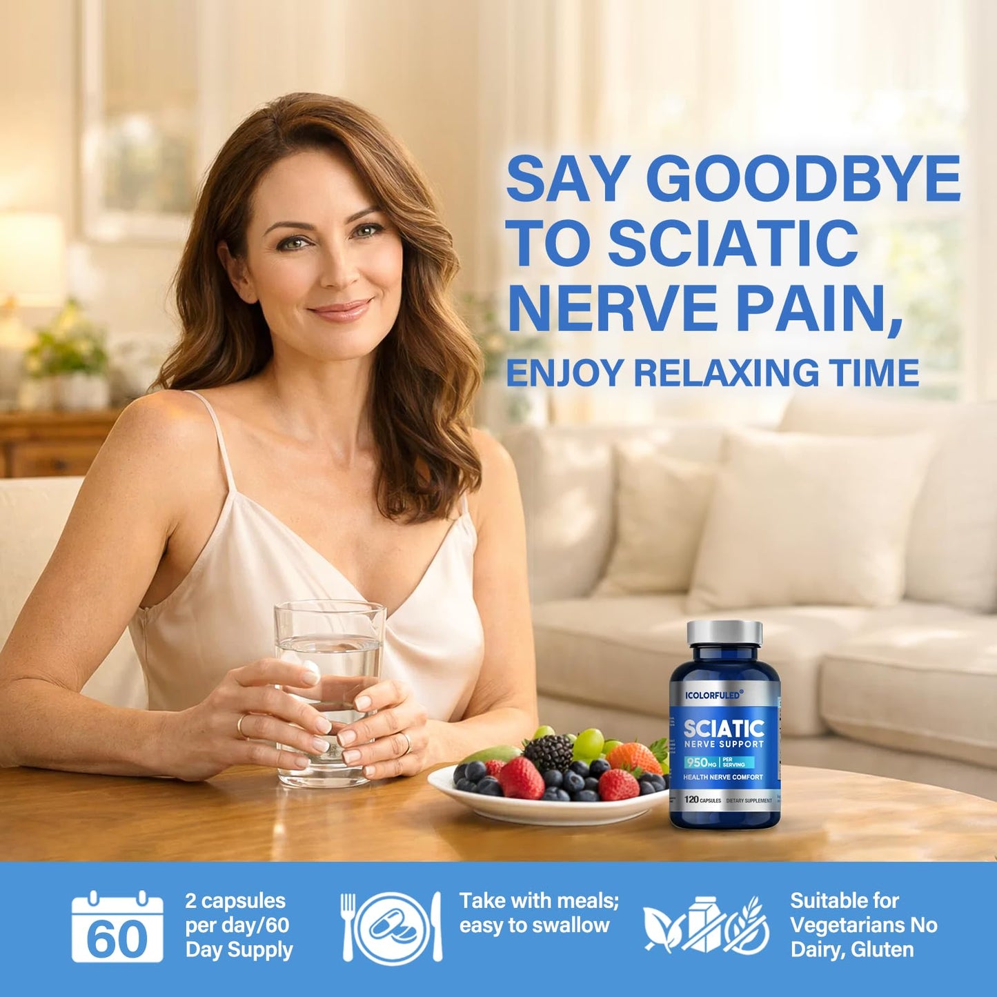 icolorfuled Sciatic Nerve Capsules with 300mg Alpha Lipoic Acid & B-Complex Vitamins, Nerve Support, 120 Capsules