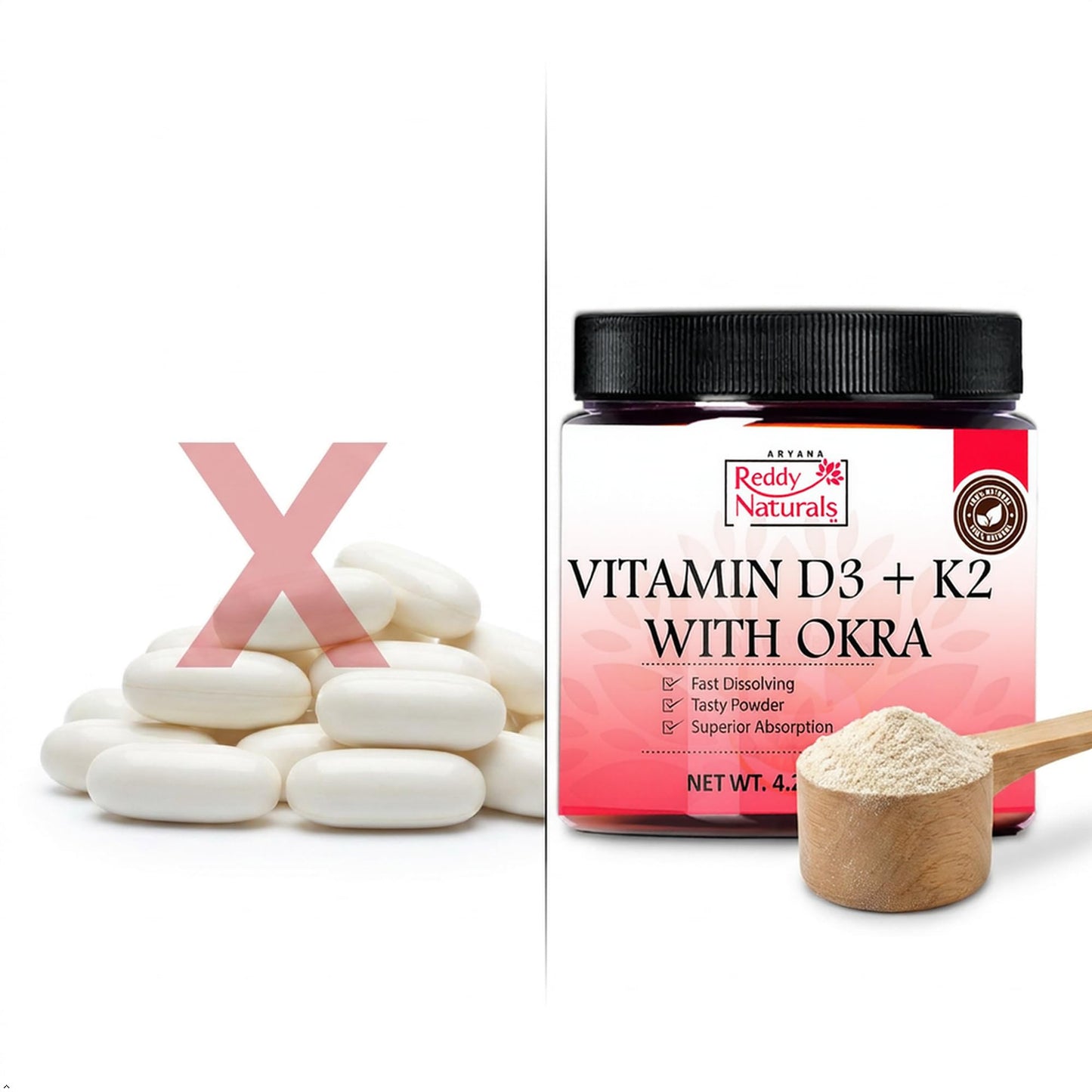 Reddy Naturals Vitamin D3 K2 MK7 with Okra Powder 4.2 Ounce