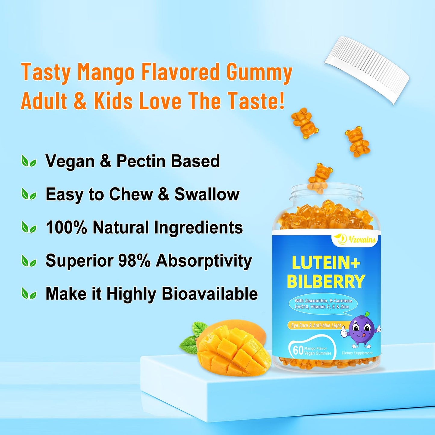 VZOXAINS Lutein & Zeaxanthin Gummies with Bilberry, Astaxanthin, Omega-3, Vitamin C & E - Sugar Free Eye Health Support, Dry Eye Relief & Macular Support, 120 Gummies