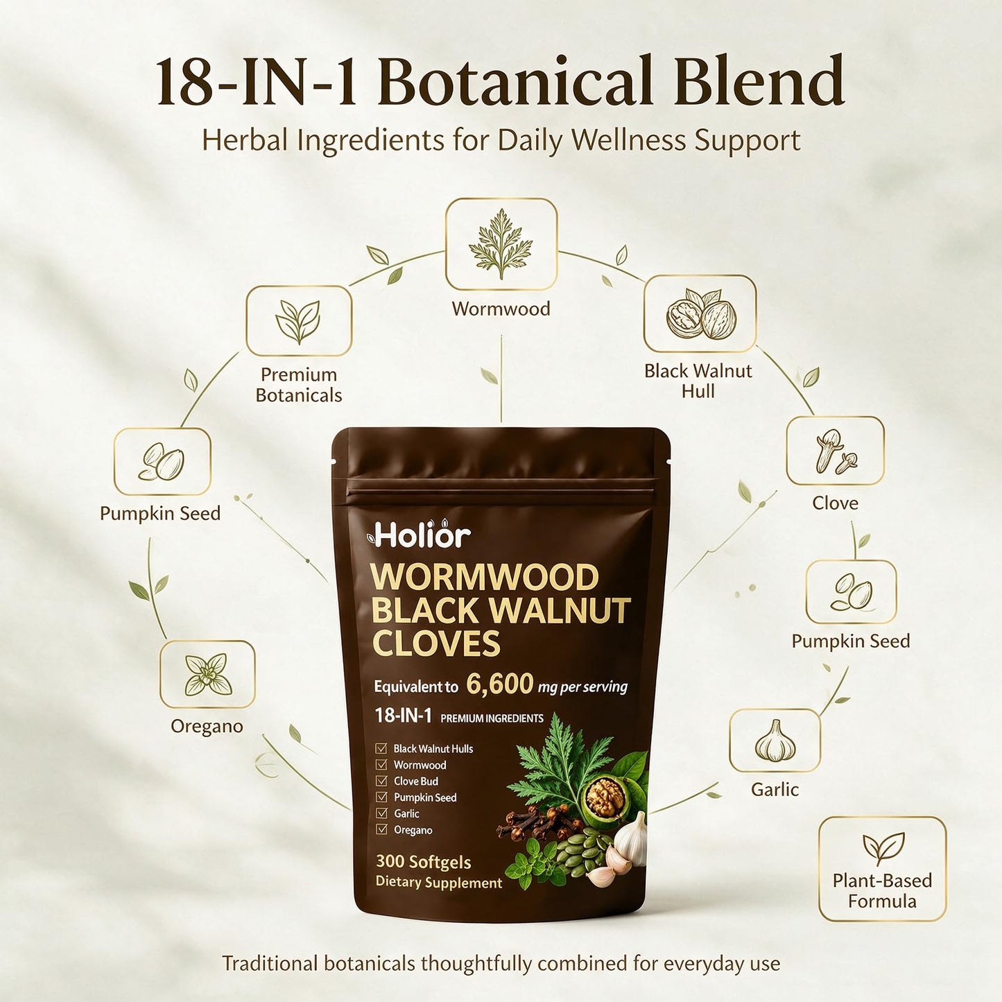 Holior Labs 18-in-1 Wormwood Black Walnut Cloves Softgel, 300 Softgels