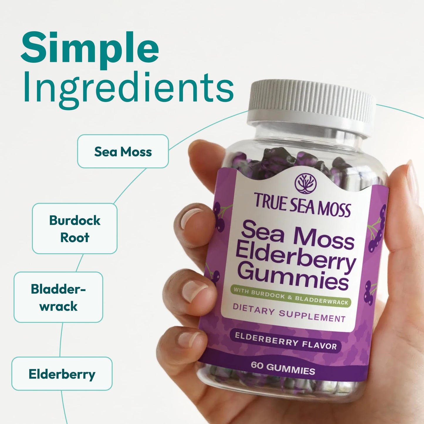 TrueSeaMoss Sea Moss Gummies with Elderberry, Burdock Root & Bladderwrack – Fruity Flavor – for Adults & Kids 4+ – 60 Gummies