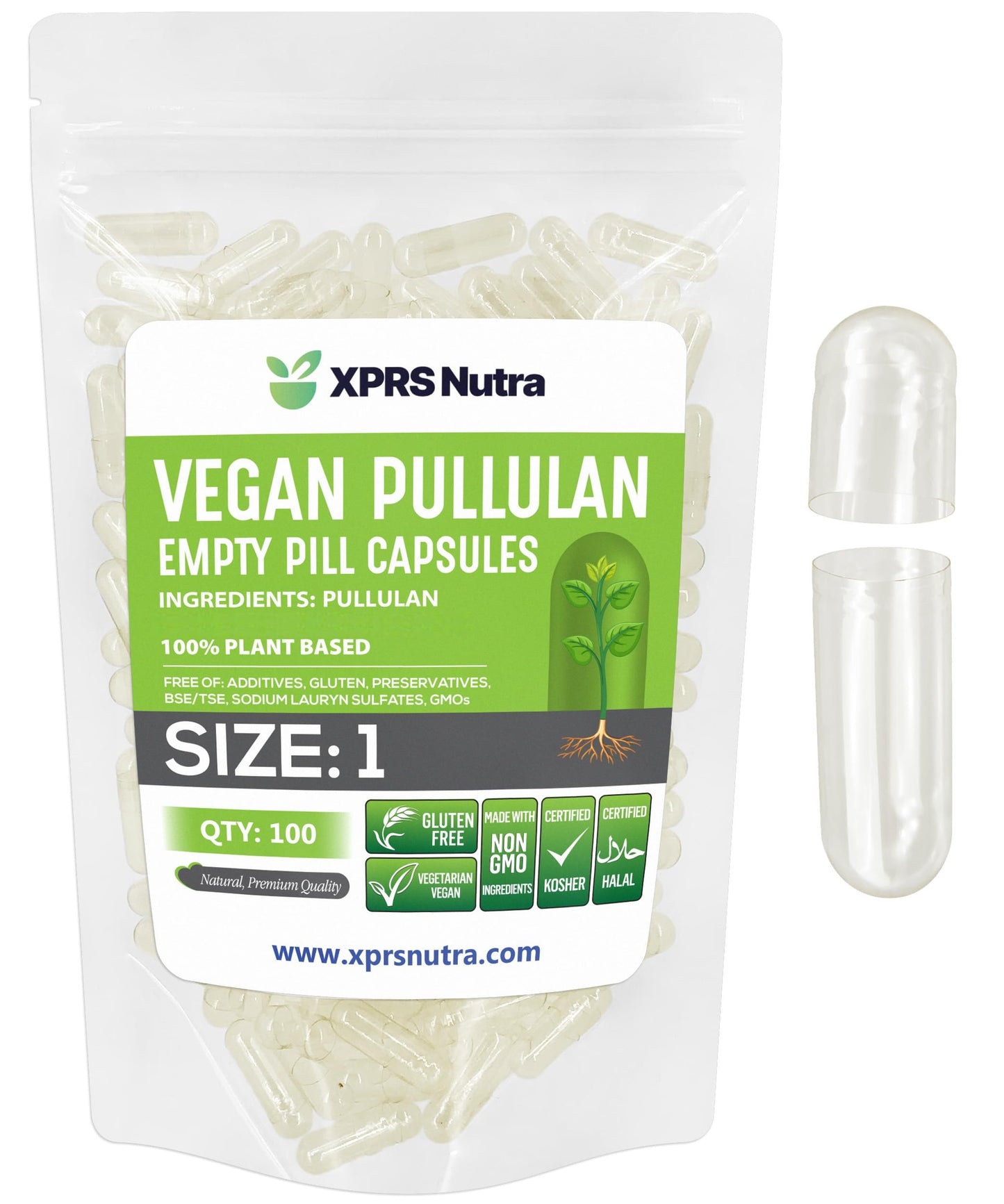 XPRS Nutra Size 1 Pullulan Empty Capsules, 100 Count