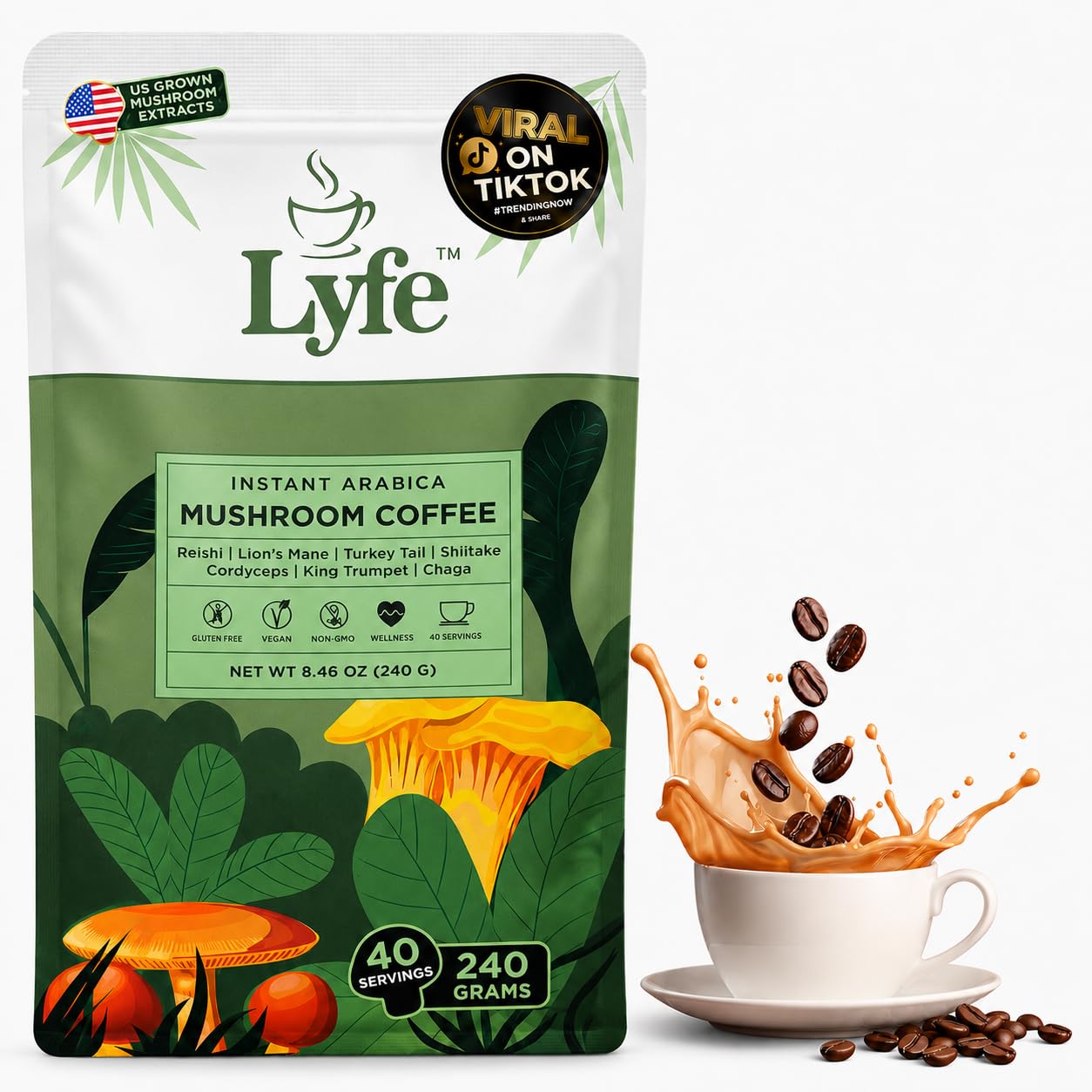 LYFE Organic Instant Mushroom Coffee Powder 8.47 Ounce